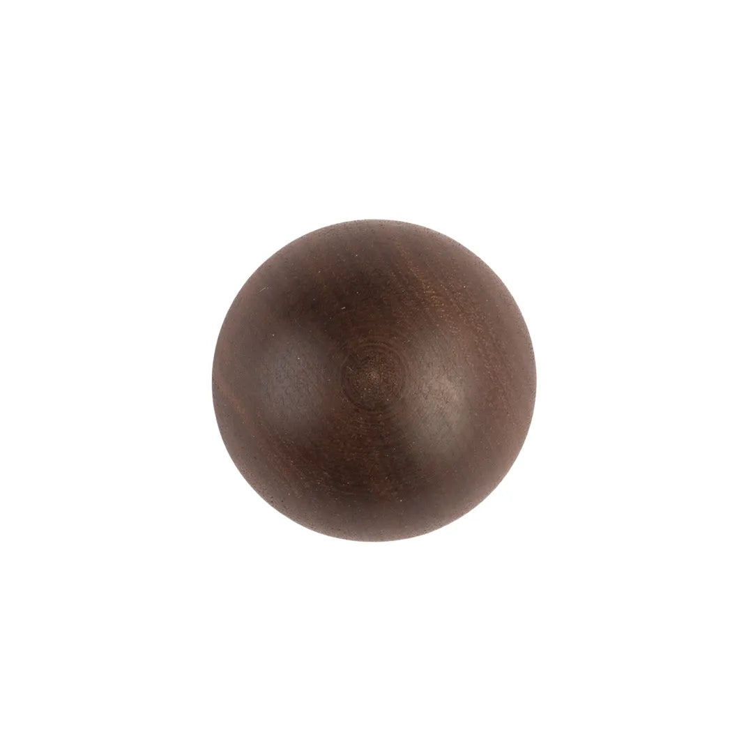 A single round wooden knob with a dark brown finish, centered on a plain white background.