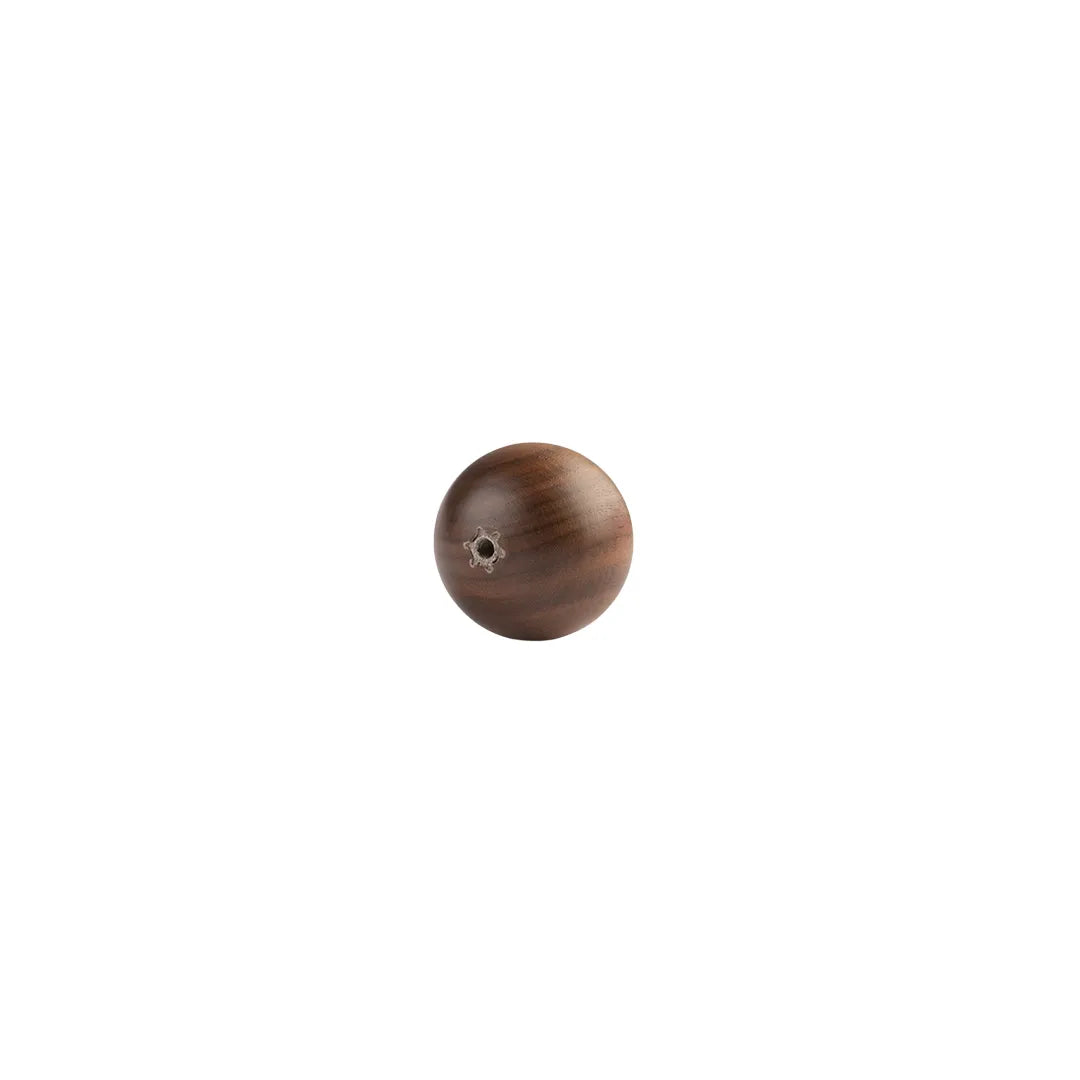 A single Wooden knob showing back side of the knob shown in profile against a solid off-white background.
