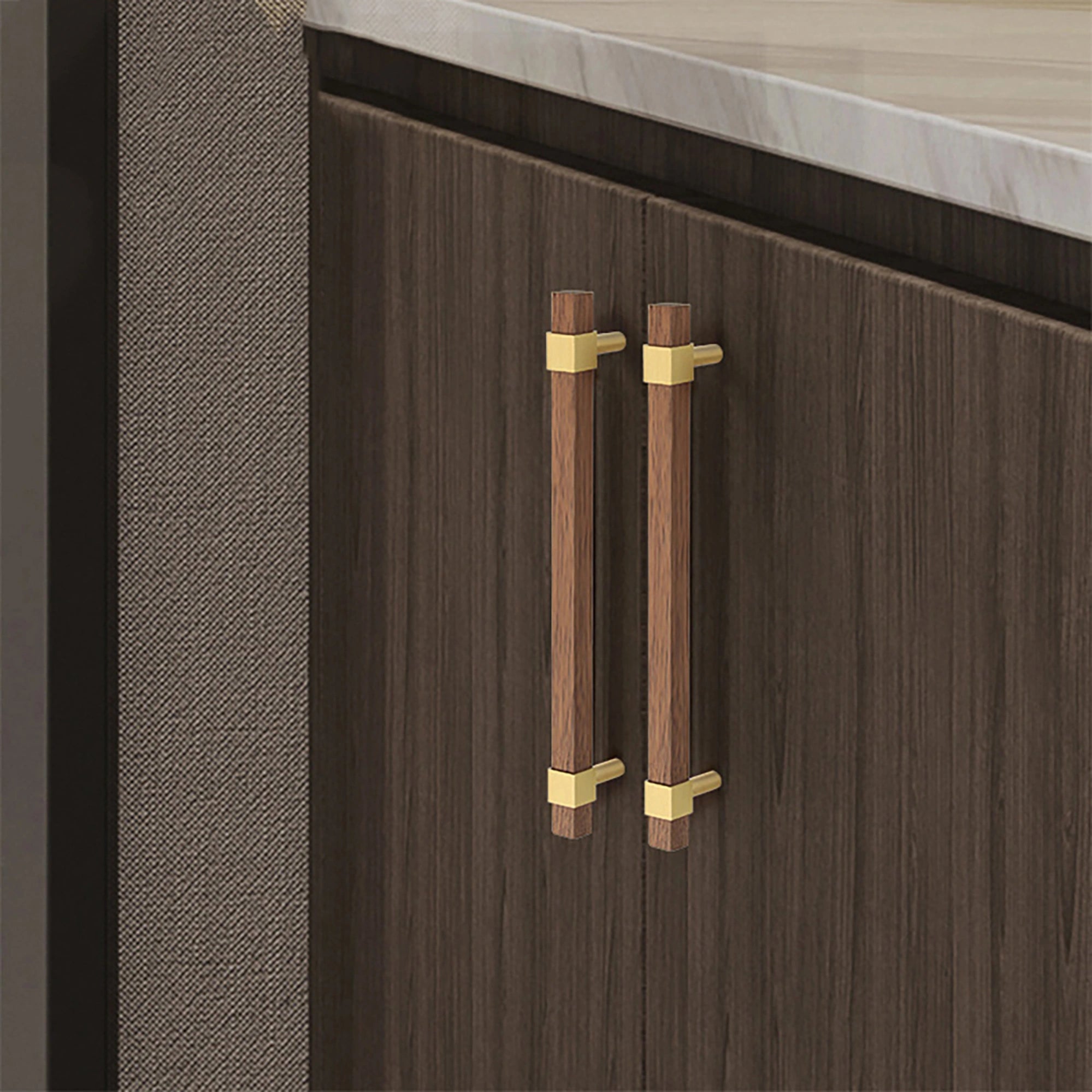 Ebonex Handle W-0009 in brushed brass & walnut, sizes 70–391mm, suits doors, cabinets & wardrobes—by Mantara.