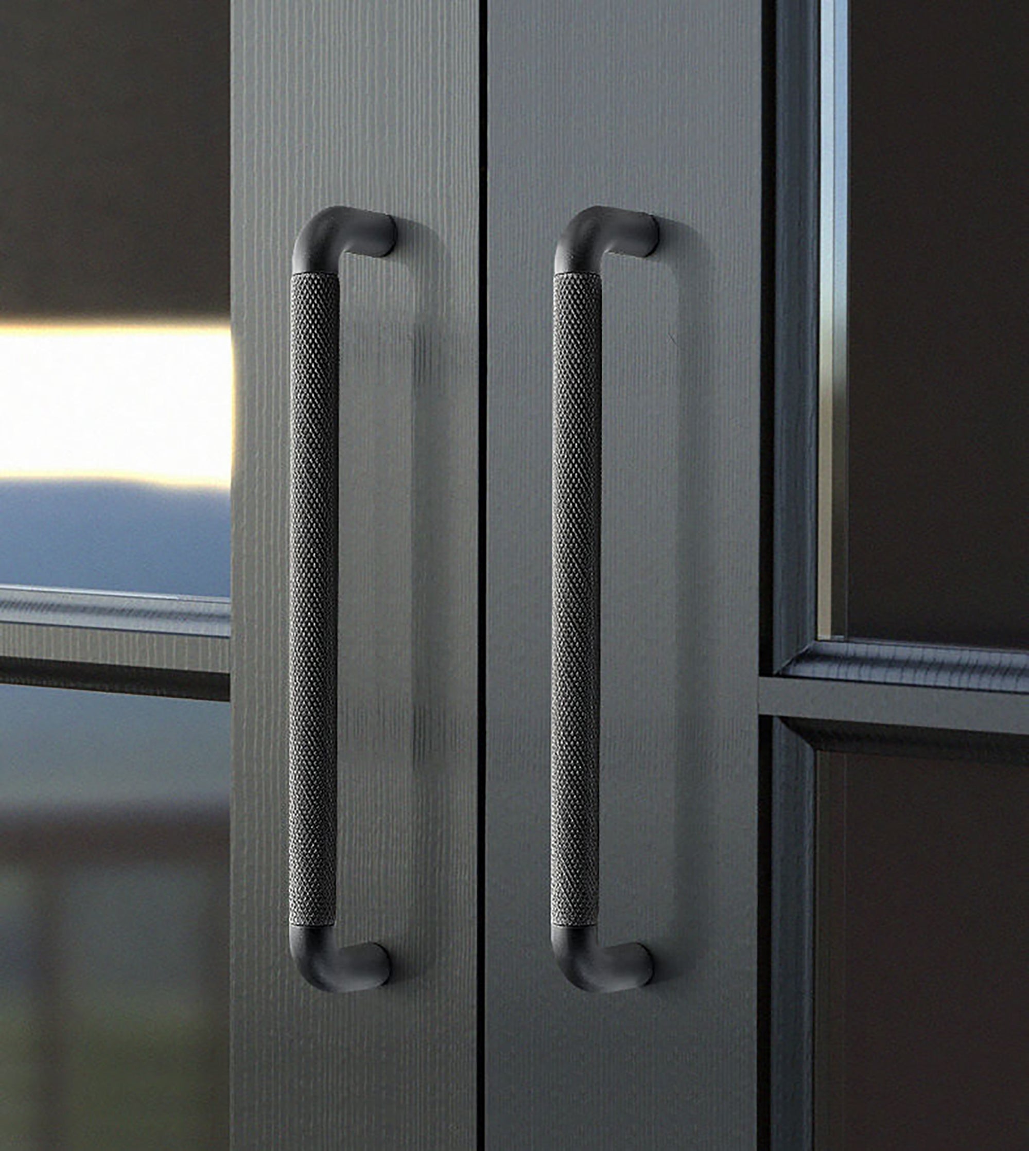 A knurled aluminum alloy knob/handle in matte grey and rose gold finish, Mantara AL-0001 furniture hardware, MANTARA.