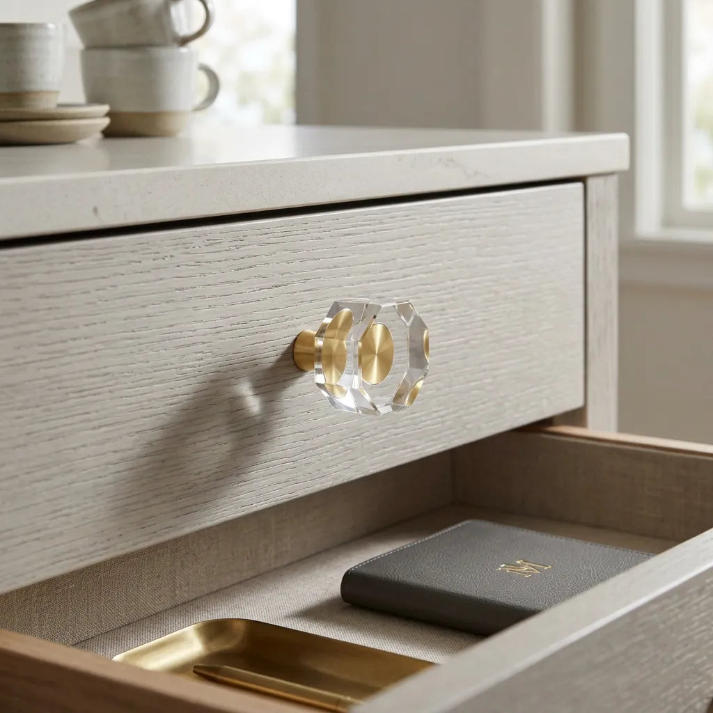 A close-up of a light wood drawer with a faceted clear crystal knob and a brushed gold center, shown open with a dark gray leather journal inside.
