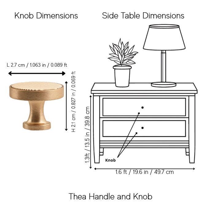 A dimension diagram showing the knob and side table measurements. On the left, a round wooden knob is labeled with width 2.