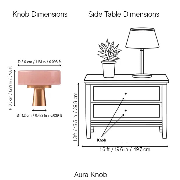 A dimension diagram showing the dimensions of a pink and gold cabinet knob, alongside a line drawing of a side table with a plant and lamp to illustrate scale.