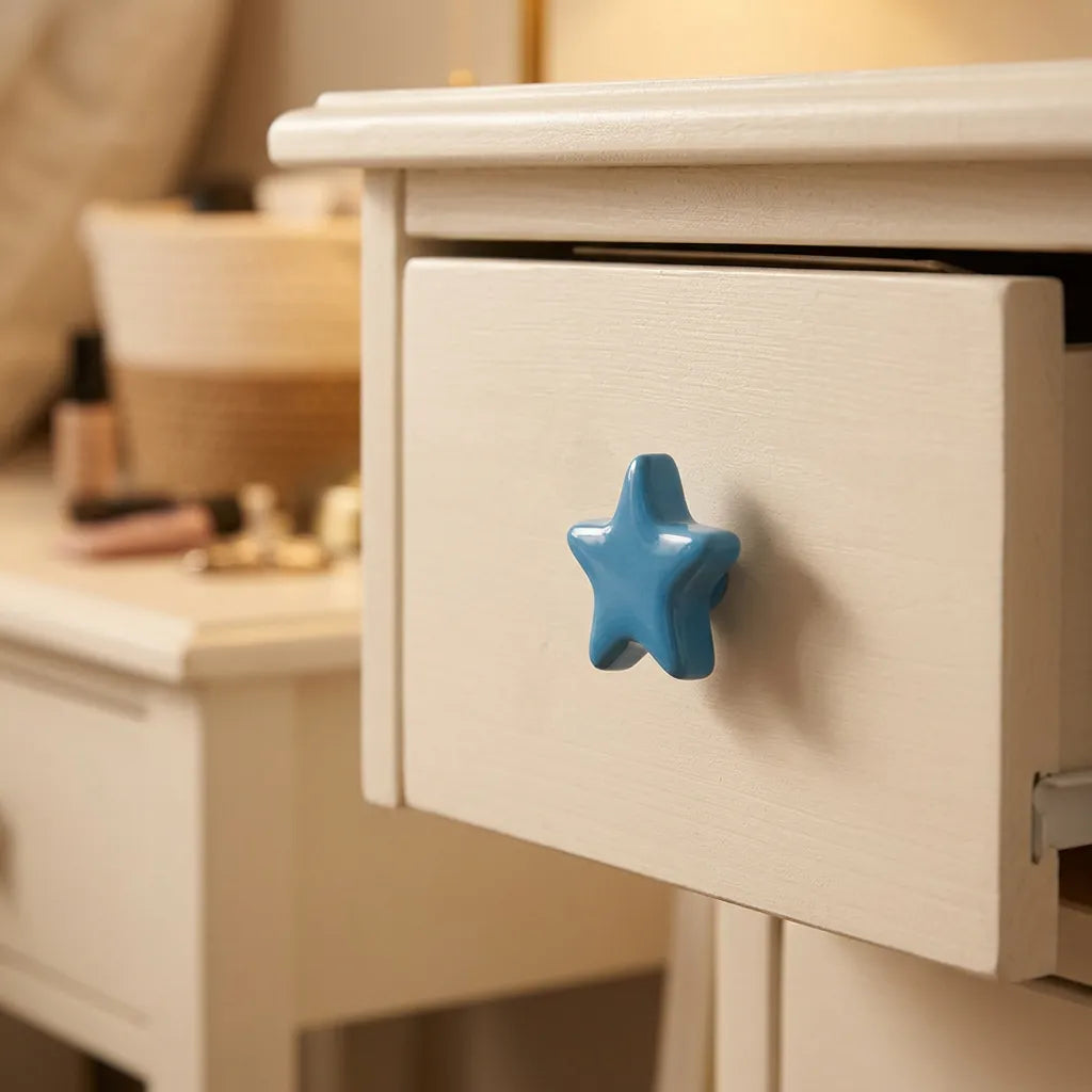 A close-up of a cream-colored wooden drawer featuring a glossy blue star-shaped pull handle, set against a softly blurred home interior background.