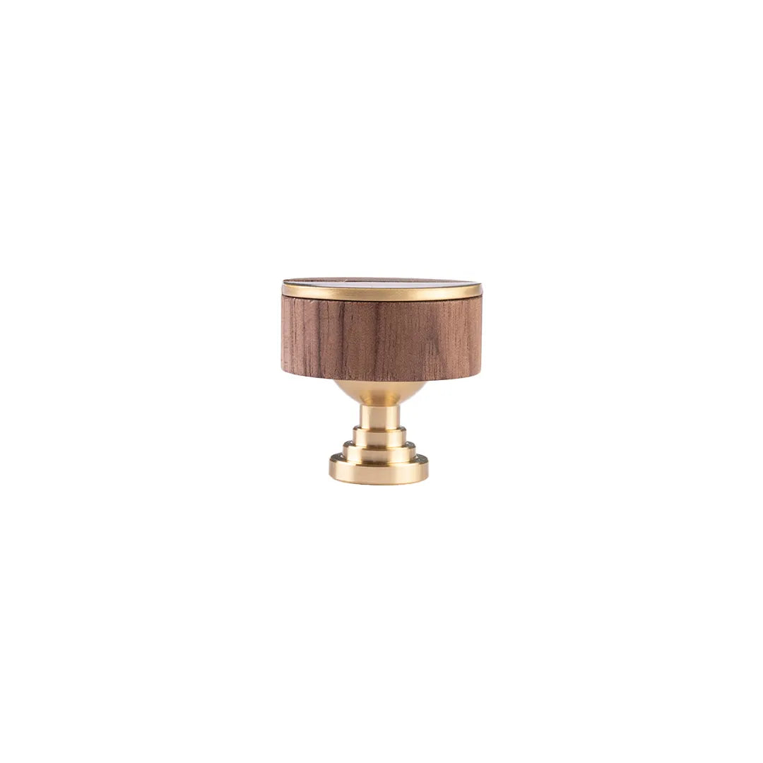 A cabinet knob with a round dark brown wood inlay and polished brass base, centered on a plain white background.