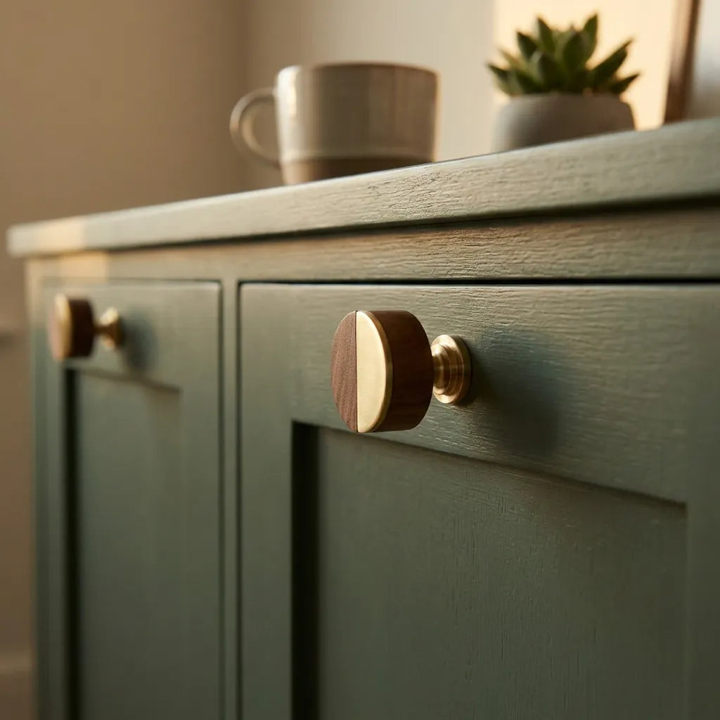 A close-up of a sage green wooden cabinet with round knobs, one of which is in sharp focus showing a dark wood and brass finish. A gray ceramic mug and a small potted succulent sit on the cabinet&