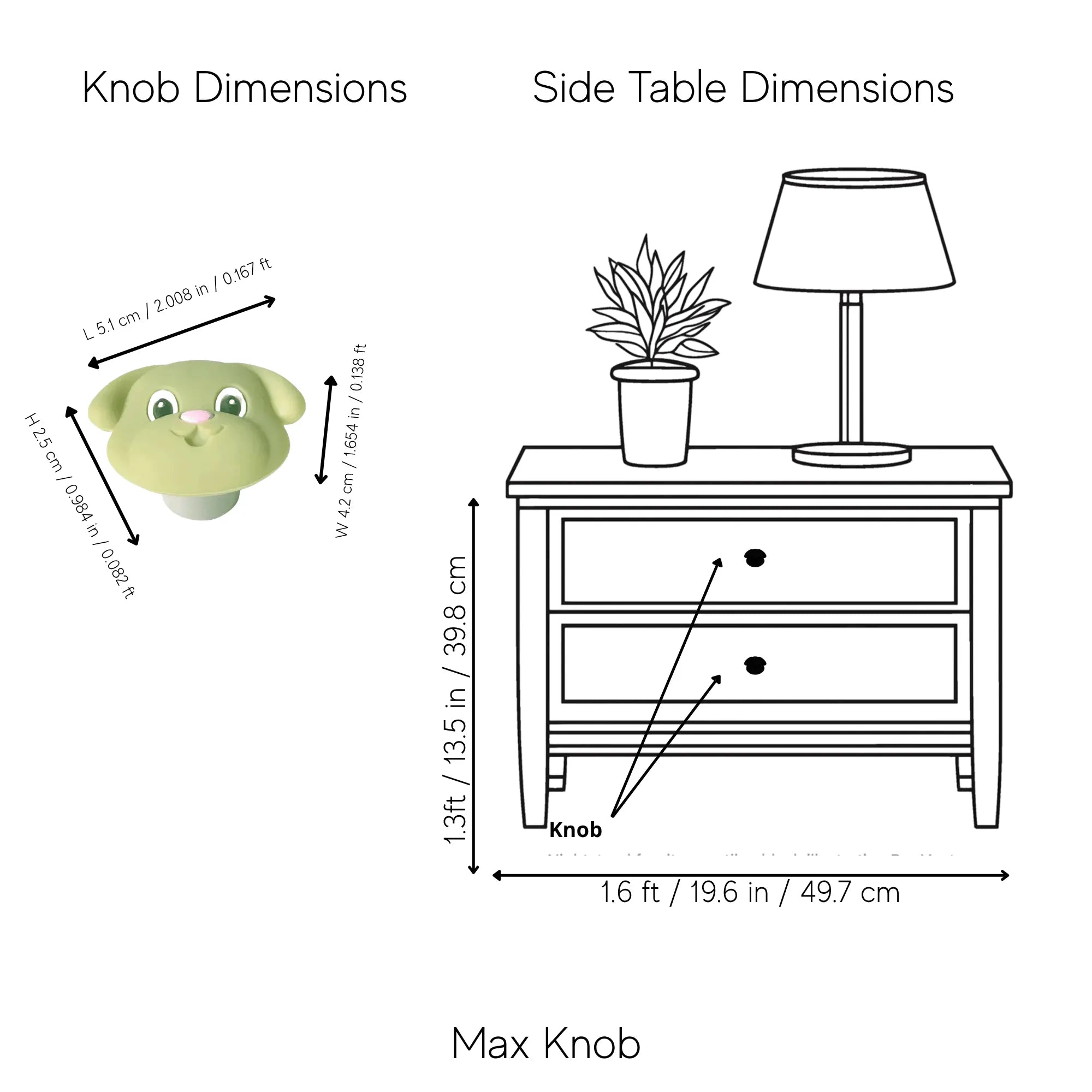 A dimension diagram showing a green cartoon-style drawer knob and side table measurements. The left panel labeled MAX Knob shows the knob with arrows indicating height, width, and depth.