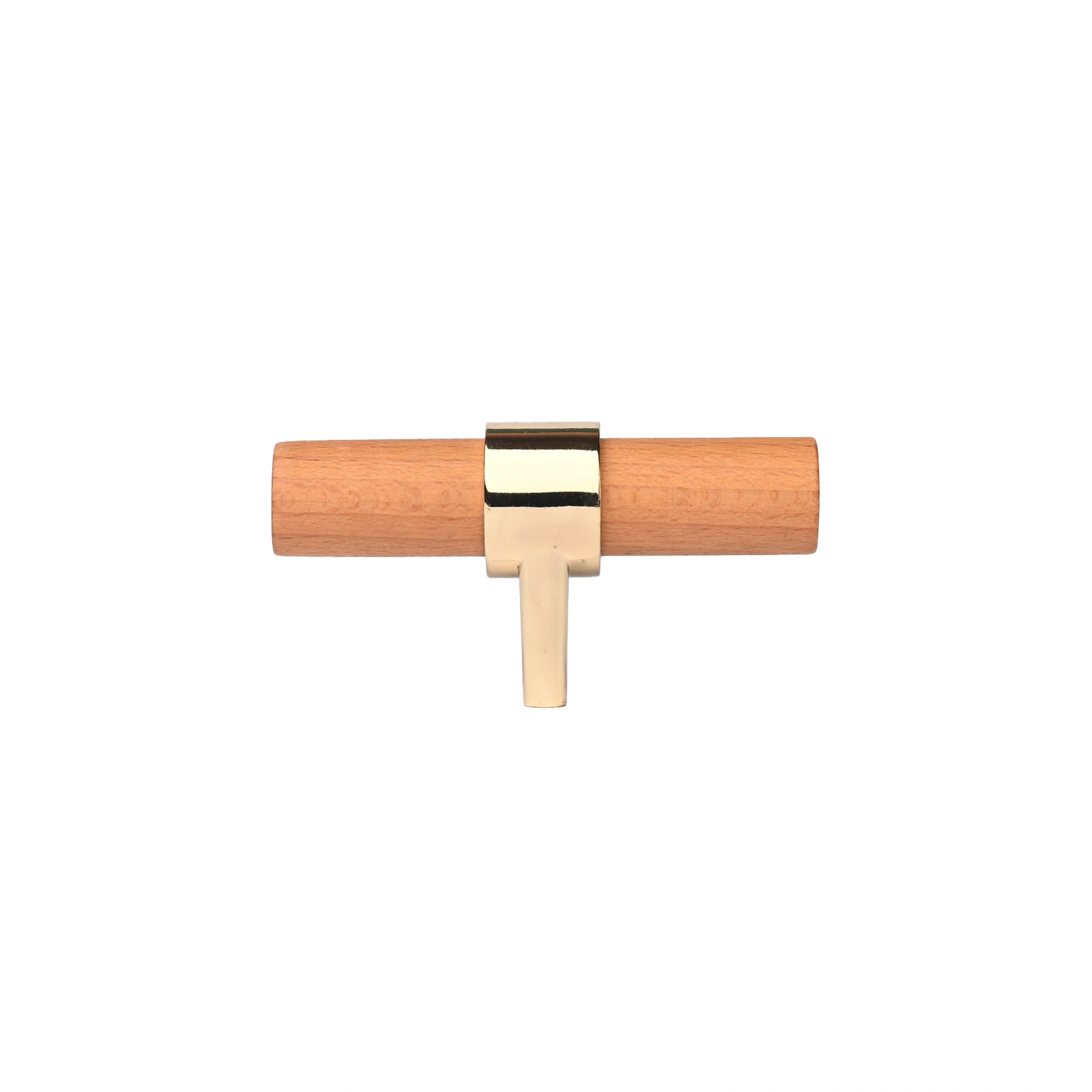 Mantara Walden Handle W-0035 is a modern zinc alloy and beech wood Tbar handle in gold, ideal for kitchen and dresser drawers.