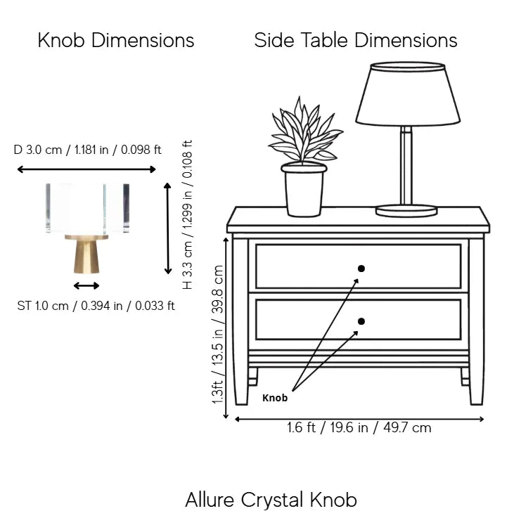 Black-and-white line drawing showing product dimensions for a side table and a knob detail. The left panel labels &
