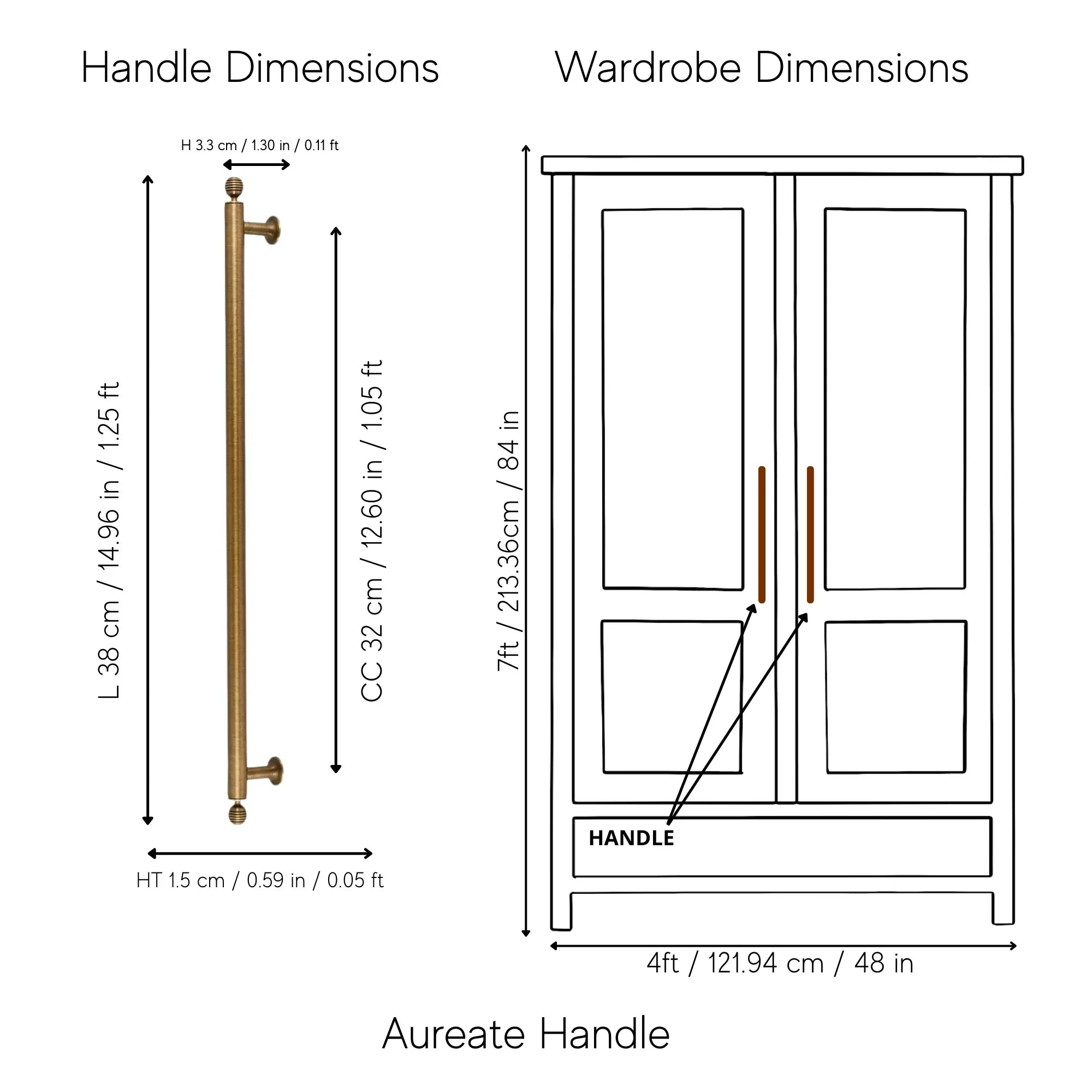 Aureate Handle B-0122 modern brass knob with handle, brushed bronze finish, sizes 55mm–380mm, for kitchen drawers & wardrobe shutters by Mantara