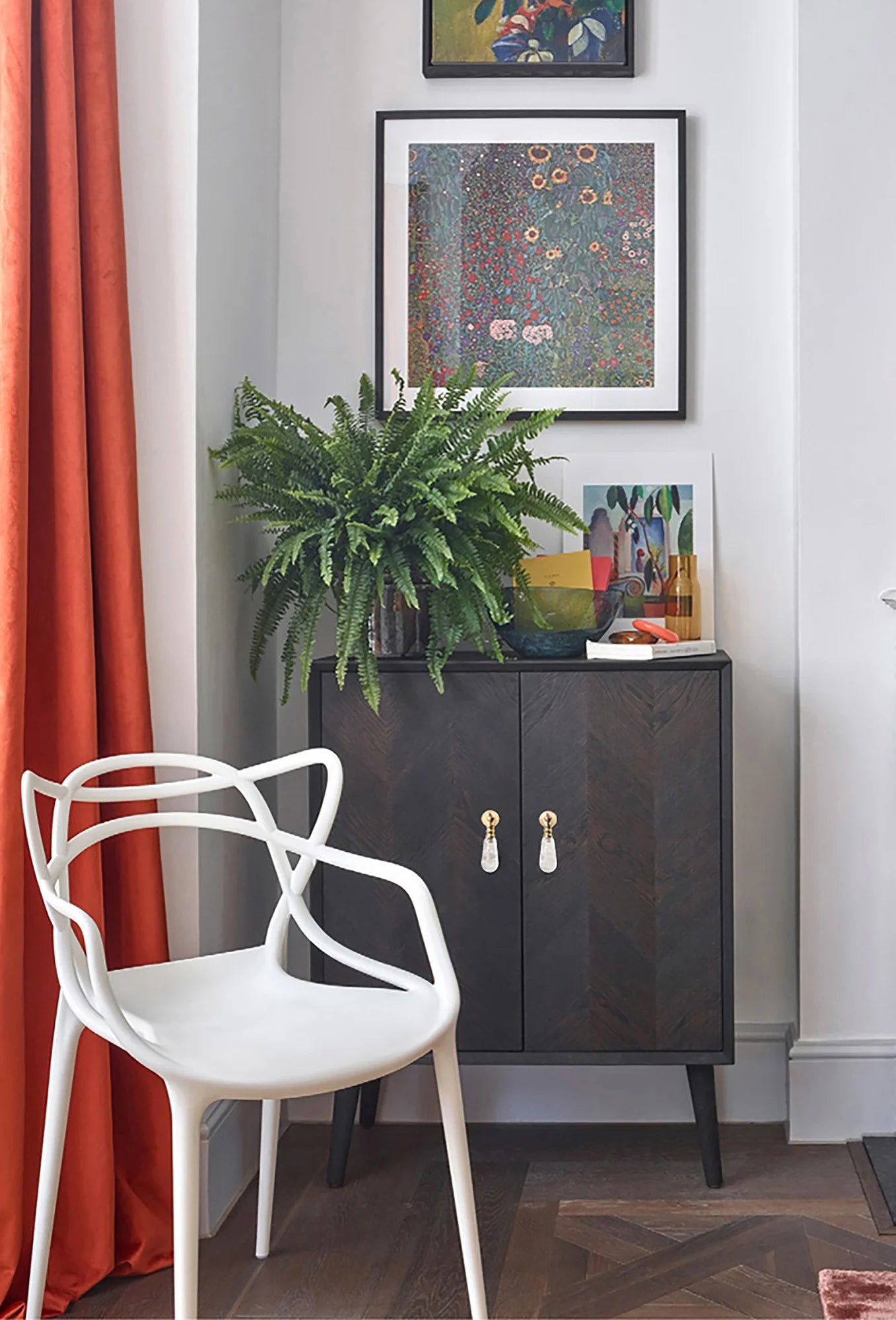 The Mantara C-0007 is a modern natural crystal + brass drop knob in white, ideal for wardrobes and drawers.