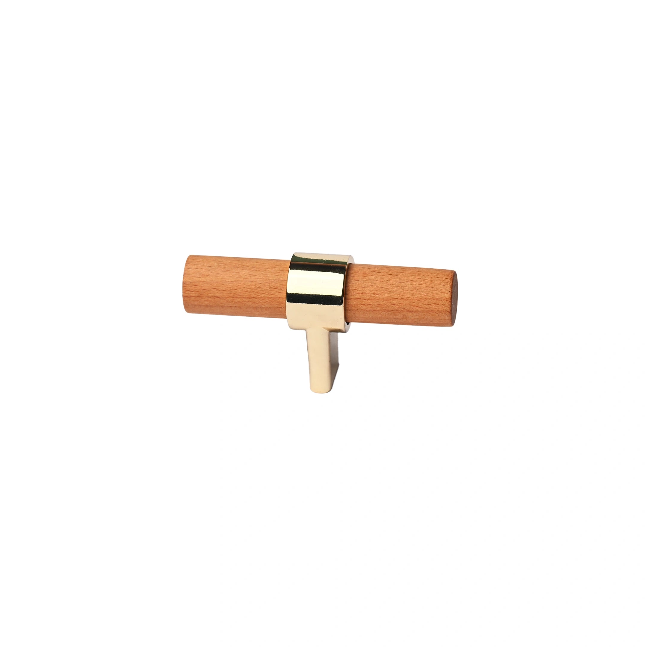 Mantara Walden Handle W-0035 is a modern zinc alloy and beech wood Tbar handle in gold, ideal for kitchen and dresser drawers.