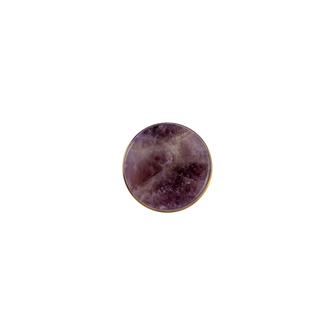 Purple round knob with brass stem showing the product on top angle and placed the product on white background