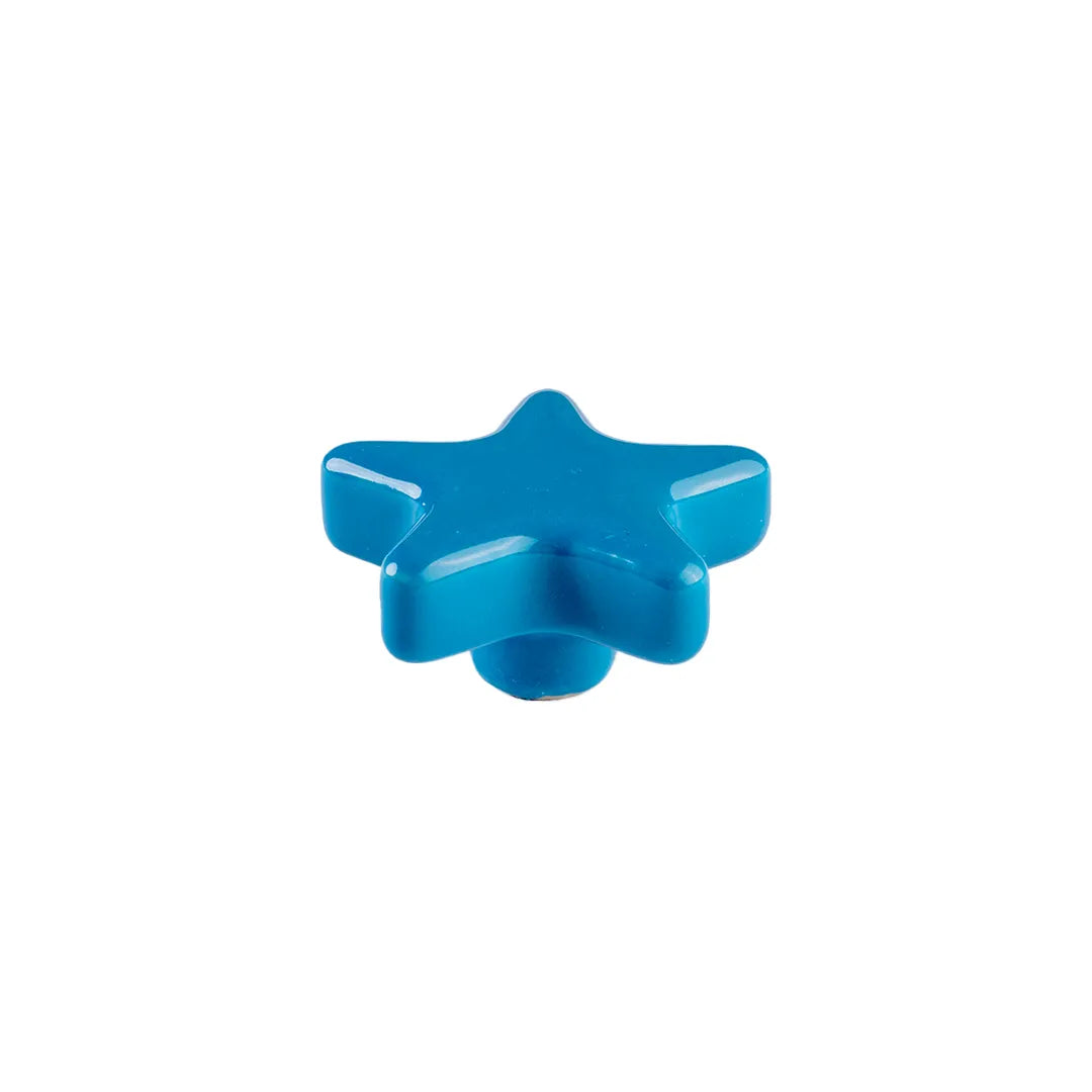 A bright blue star-shaped knob or drawer pull shown on a plain white background.
