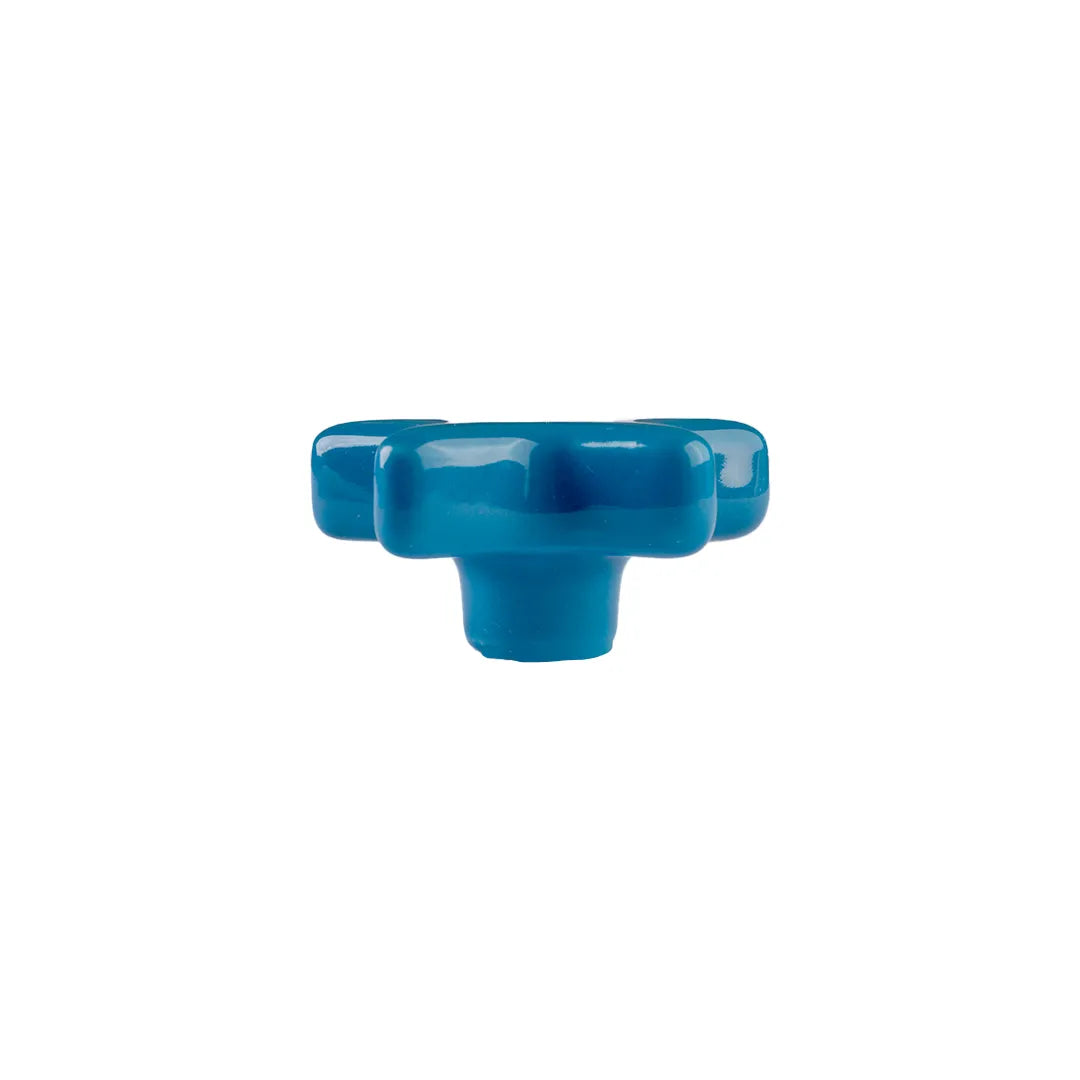A glossy blue plastic knob with a four-spoke head and a cylindrical base, shown against a plain white background.