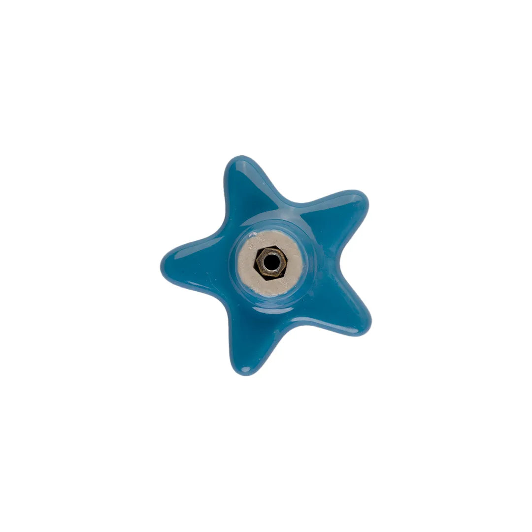 A glossy blue star-shaped knob with a central metal hex socket and white inner ring, isolated on a white background.