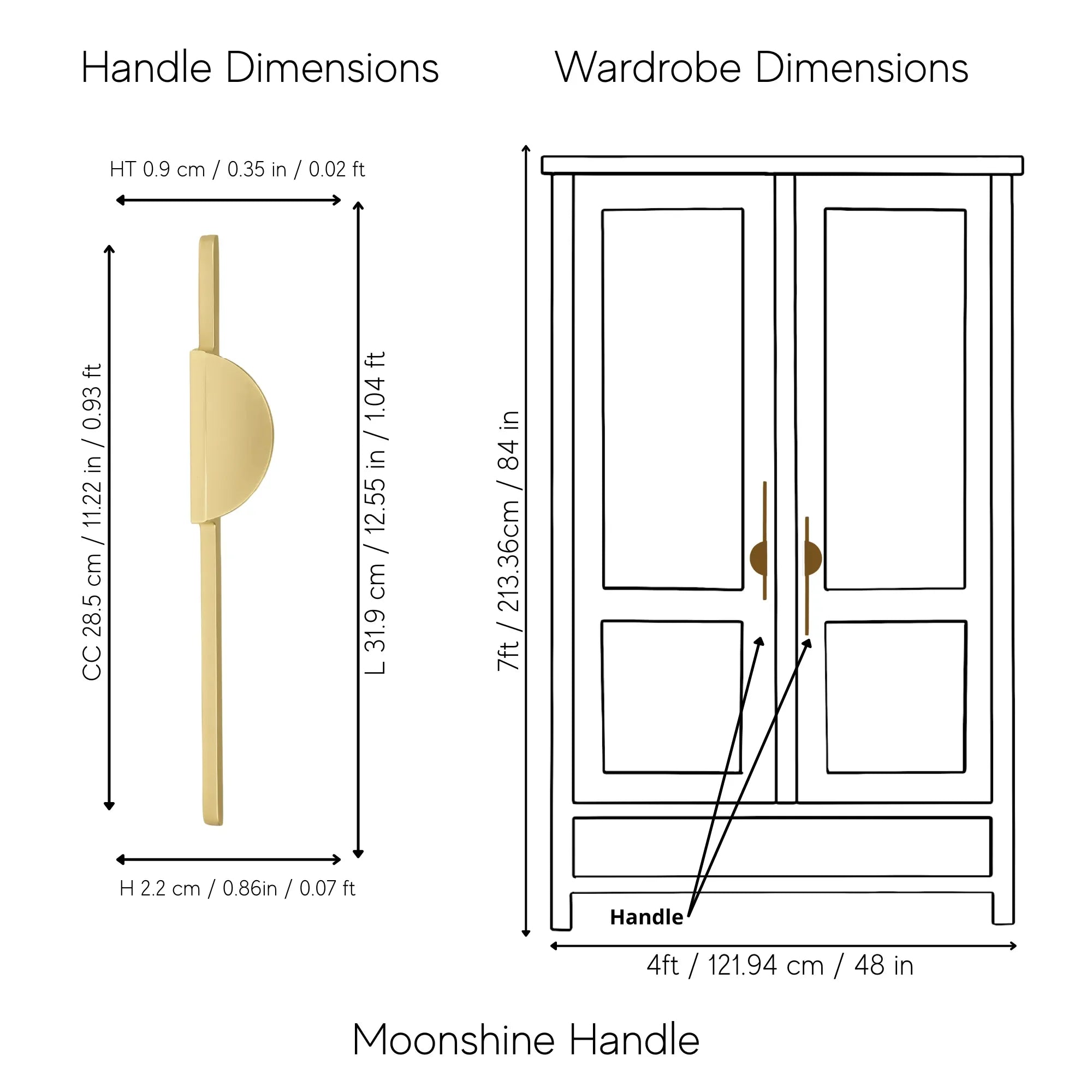 Mantara Moonshine Handle Z-0007 is a modern zinc handle in matte gold, ideal for wardrobes, doors, and drawers.