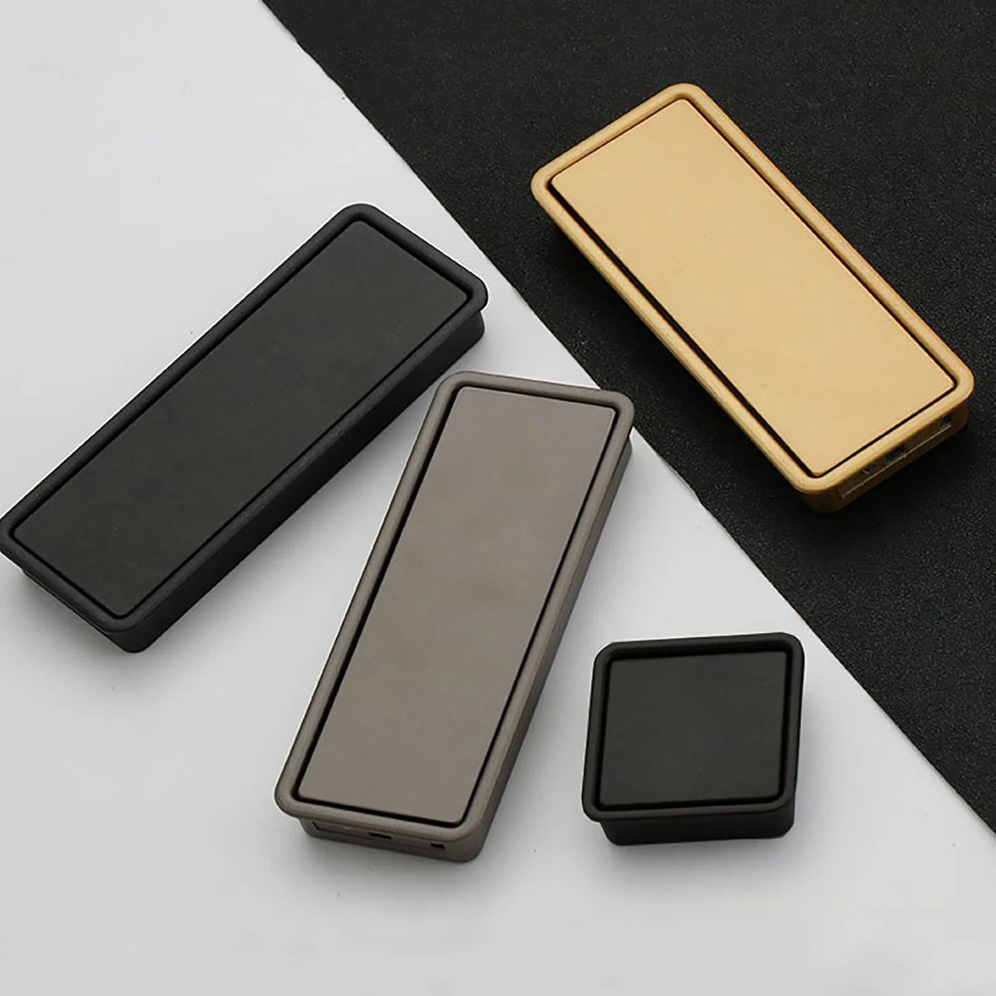 Mantara Concealed Square Handle Z-0009 is a modern zinc alloy handle in brushed gold,black ideal for drawers and hooks.