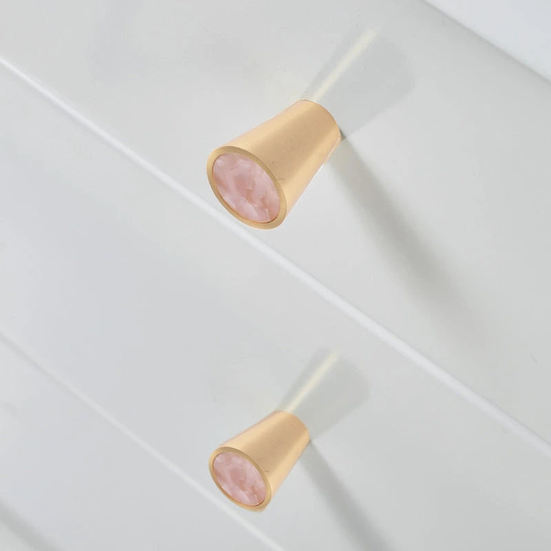 Cone knob made of brass and acrylic in orange, black and pink finishes, Galileo Knob model by Mantara, A-0004.