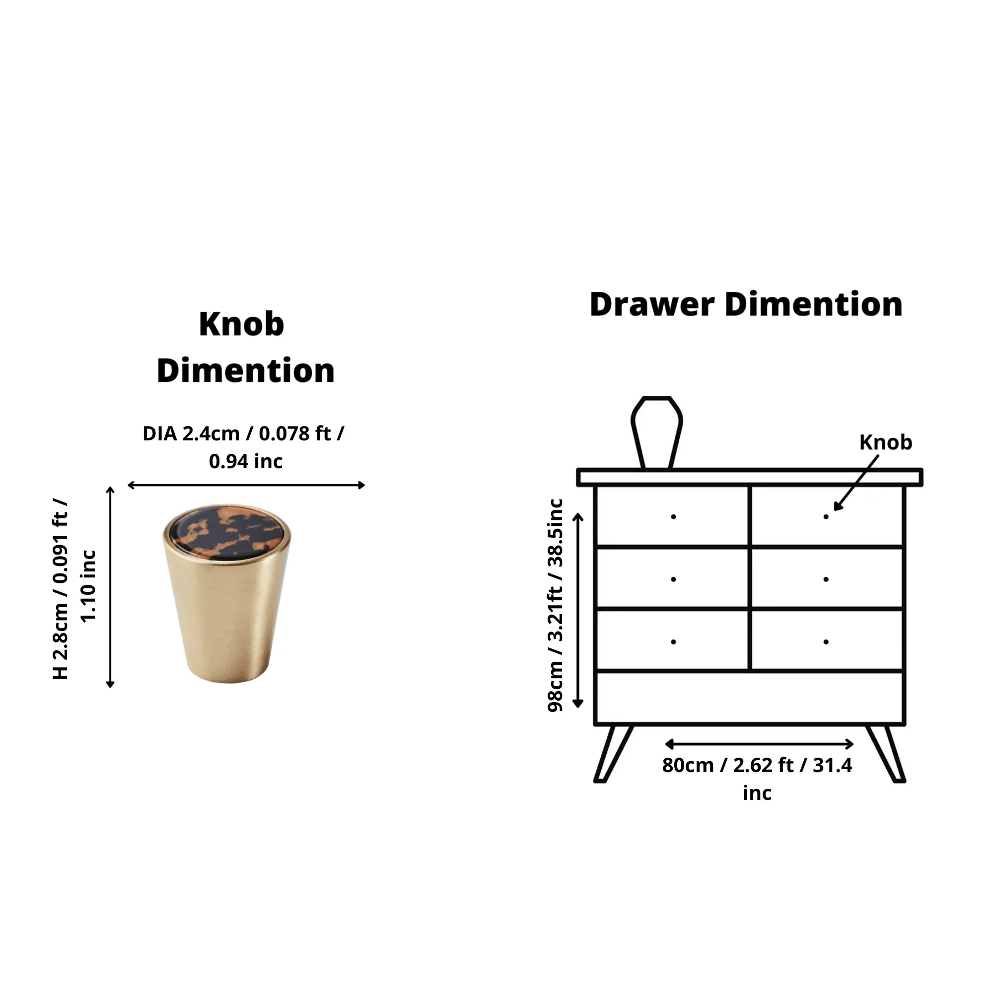 Brass & acrylic cone knob in orange, black and pink, Mantara A-0004 cabinet hardware, cabinet knobs and cabinet pulls.