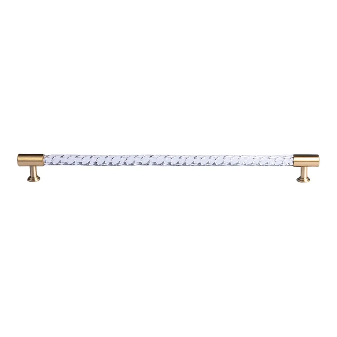 The Mantara A-0012 Helix Handle is a modern white brass and acrylic handle with polished + brushed stem, ideal for doors, cabinets, and wardrobes.