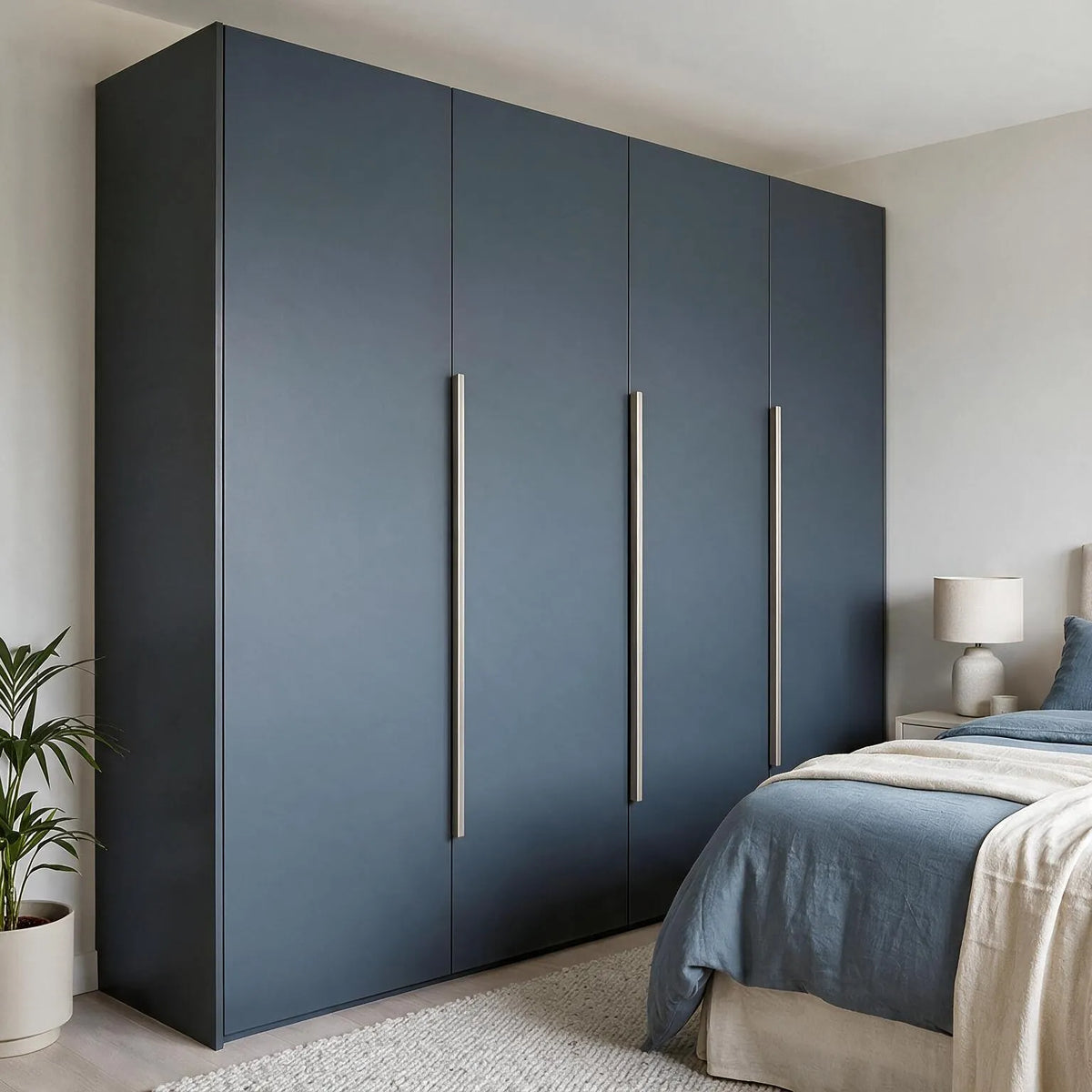 A large four-door wardrobe in matte dark blue with slim vertical silver handles, shown in a modern bedroom next to a bed with blue and beige bedding.