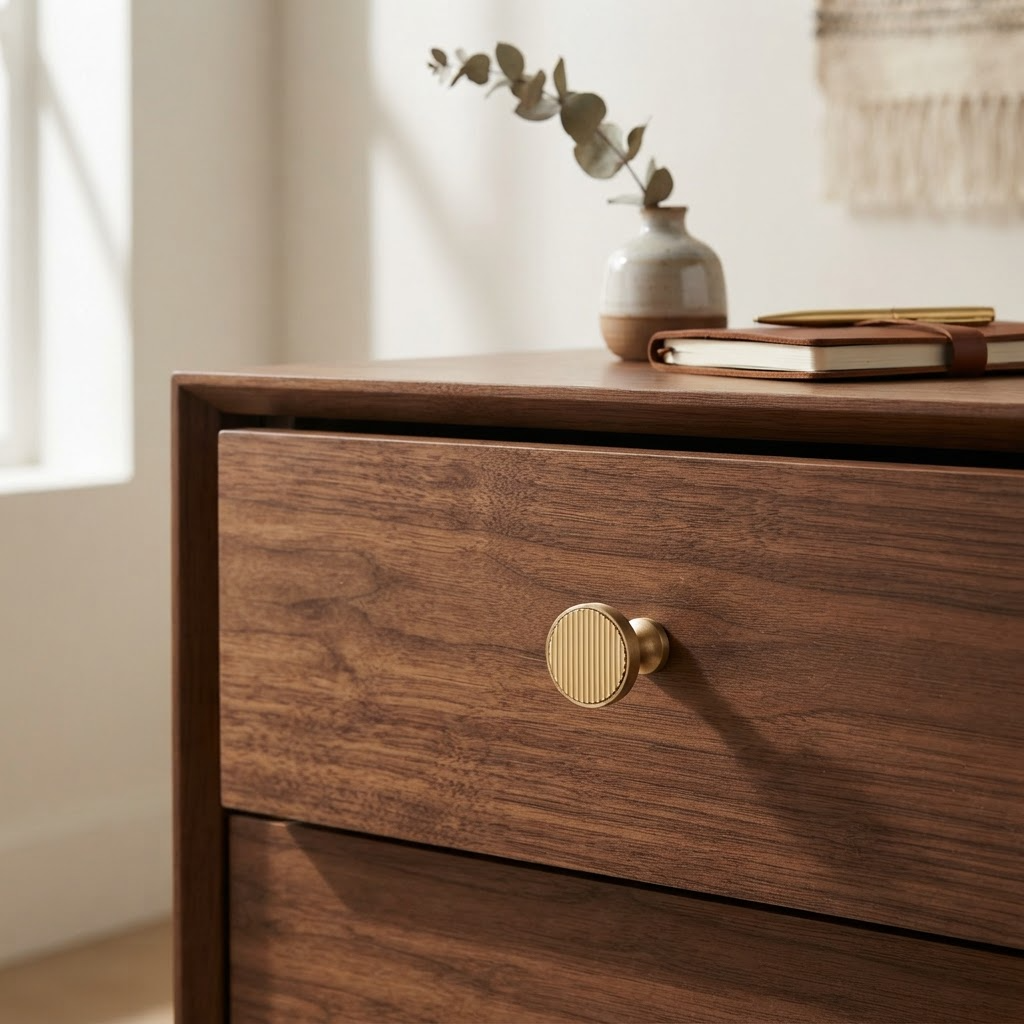 A close-up of a dark brown wooden nightstand or dresser drawer with a round brass knob, styled with a small vase of eucalyptus and a notebook on top in a softly lit room.