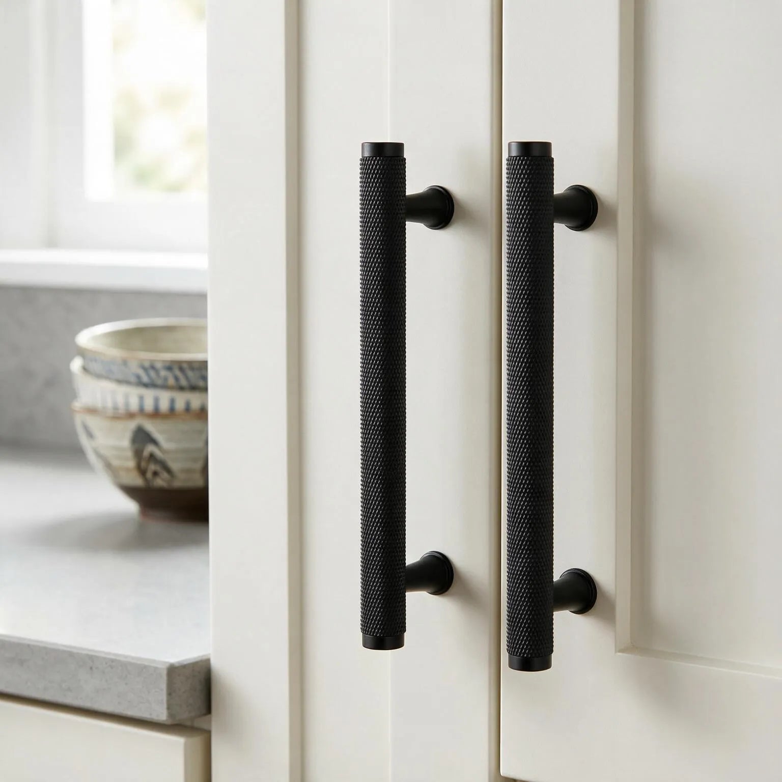 Two long black textured cabinet handles mounted on white kitchen doors, with a countertop and bowls visible in the softly lit background.