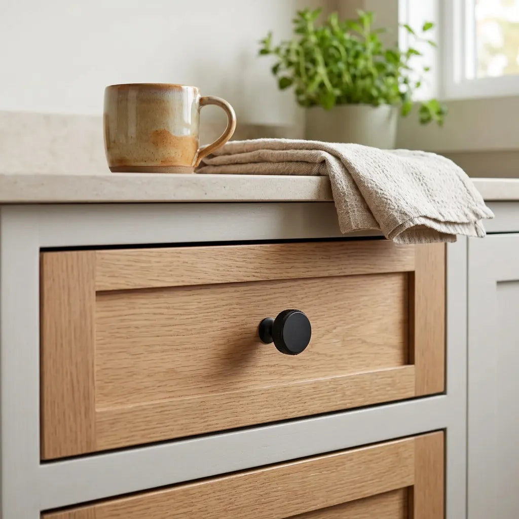 A close-up of a kitchen cabinet with light oak wood drawers and a matte black round knob, topped with a beige countertop, a ceramic mug, and a folded cloth, with a potted plant in the background.