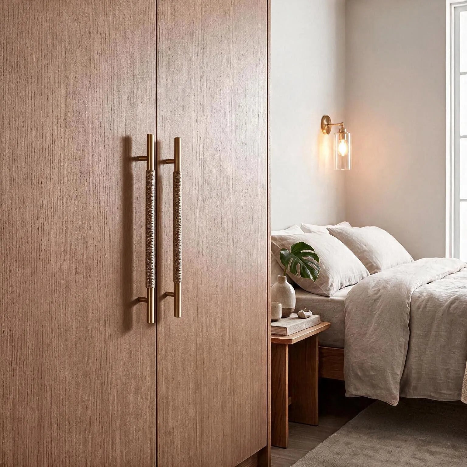 A pair of tall wooden wardrobe doors with long, brushed brass double handles, shown in a modern bedroom setting next to a neatly made bed.