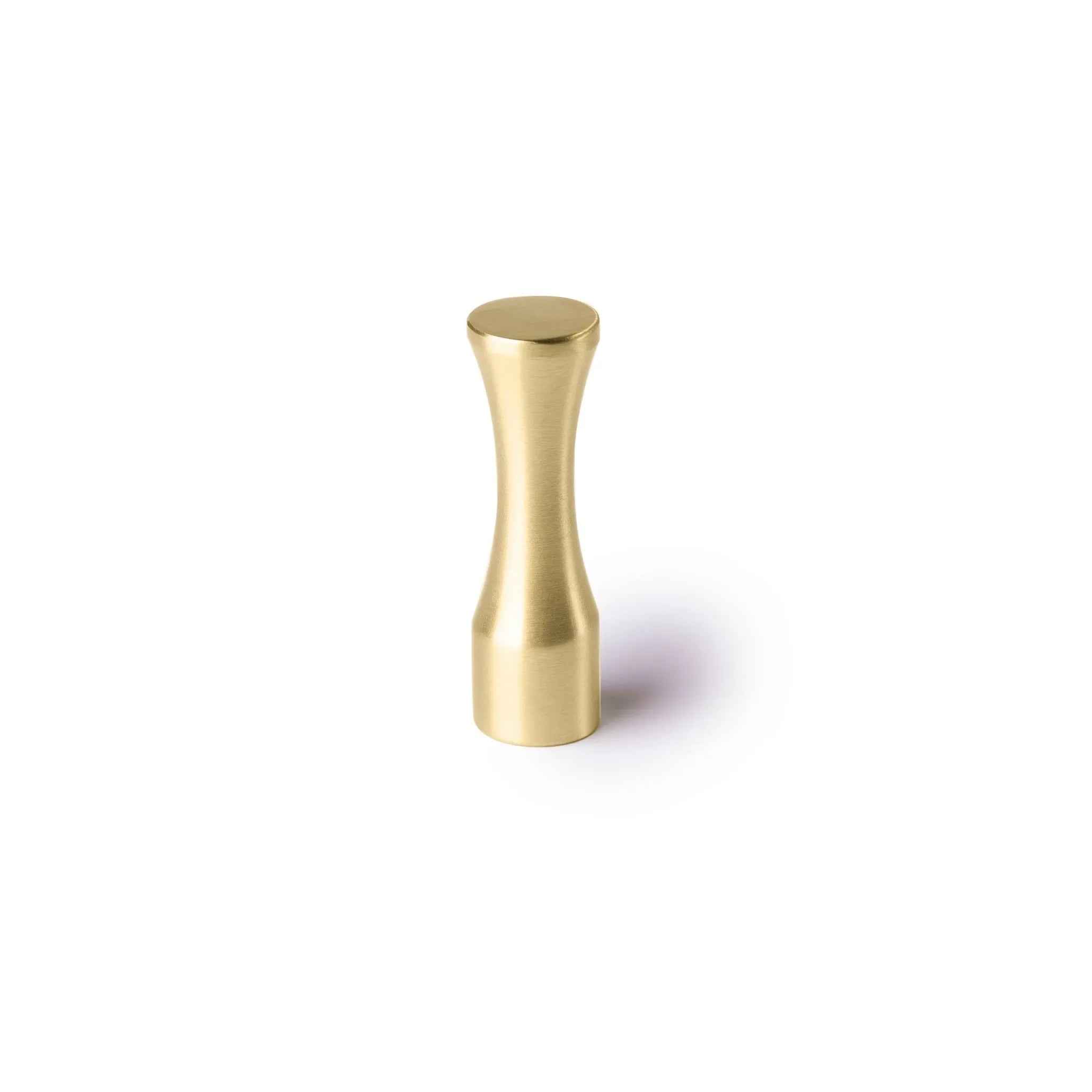 Wall hanger and bathroom hook made of solid brushed brass in polished gold finish by Mantara, model Allegra Hook, B-0096.