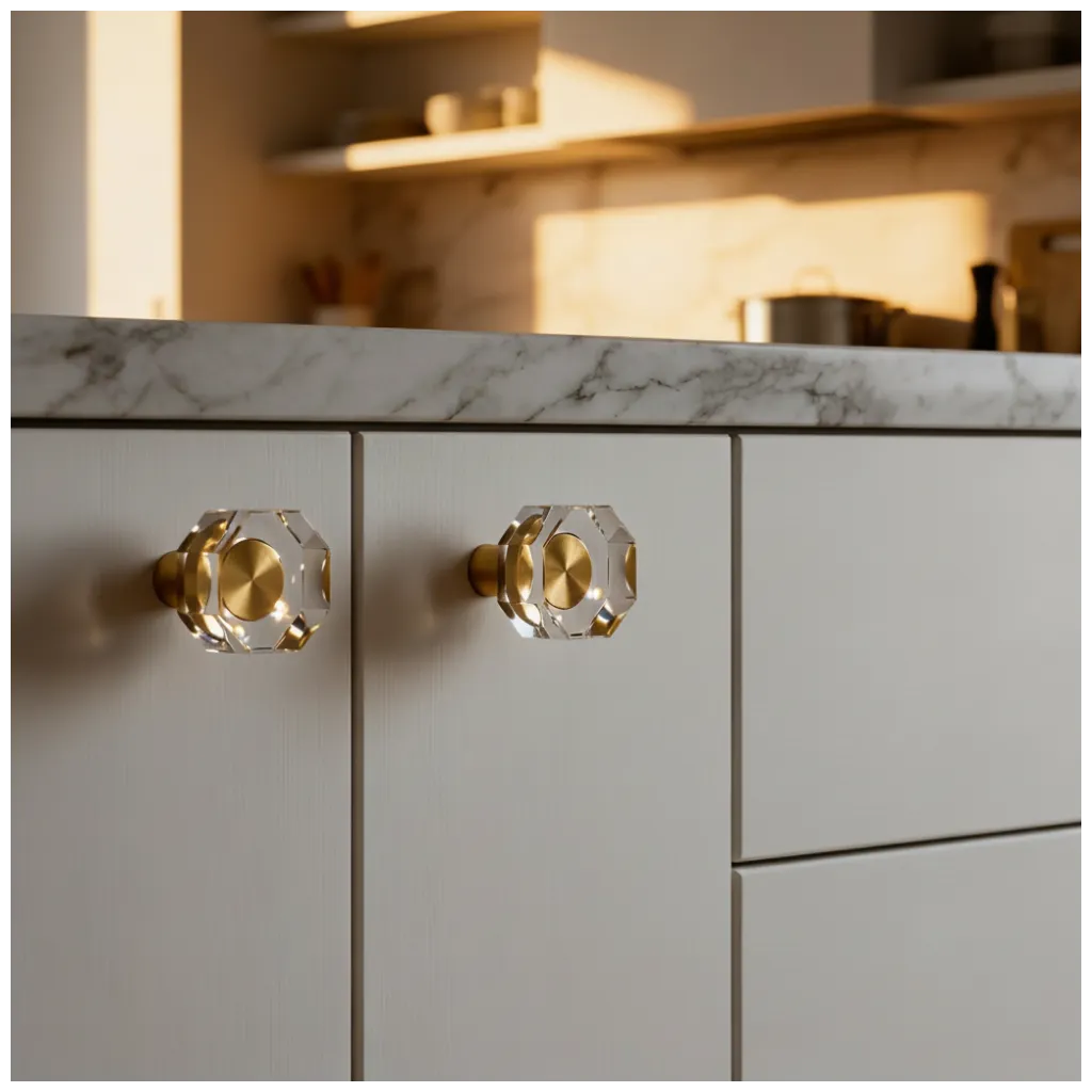 Vintage door knobs collection featuring solid brass crystal knobs in polished gold by Mantara, A-0001.