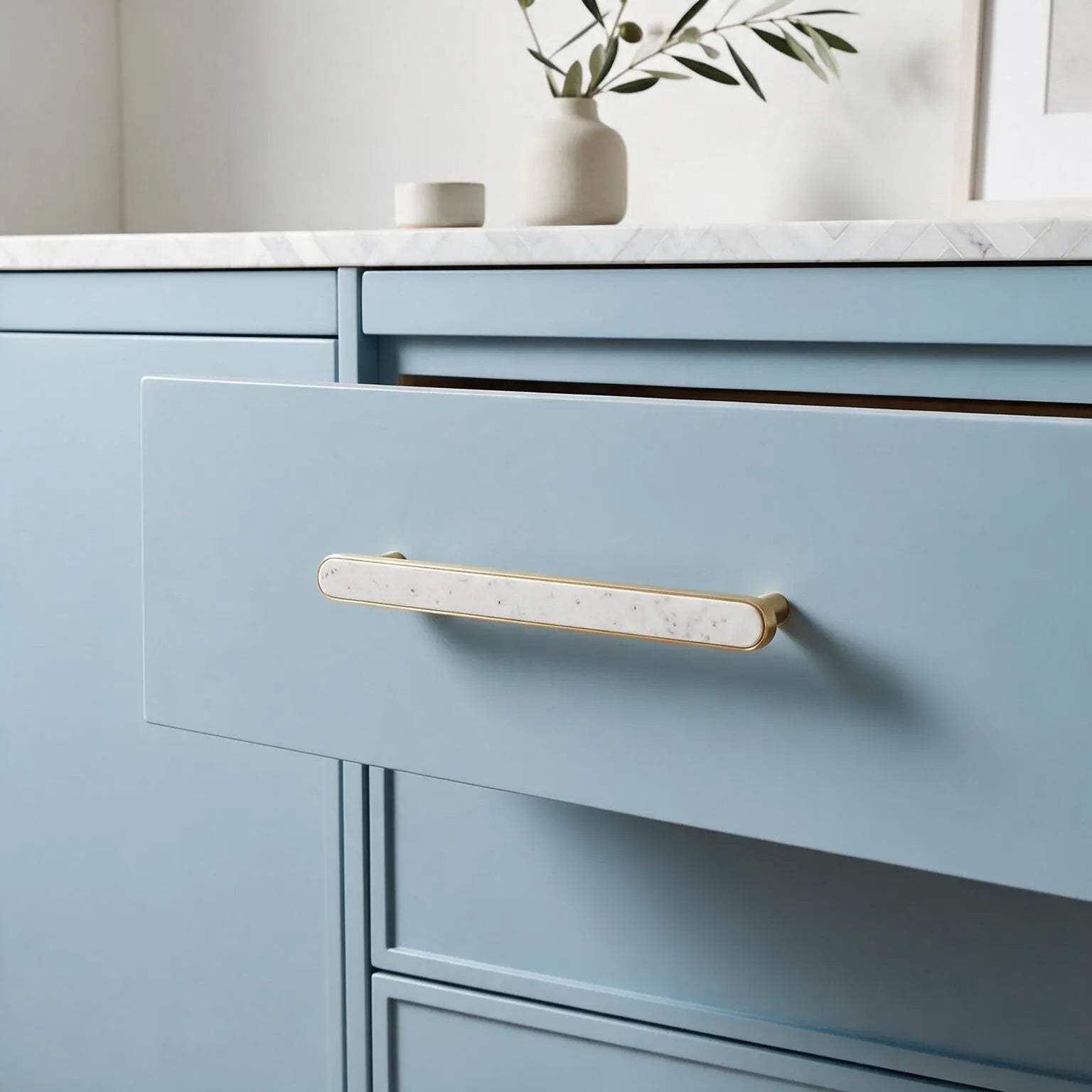 A close-up of a light blue cabinet drawer with a long horizontal bar handle featuring a white center and gold-toned ends, set against a styled interior background with a marble countertop and vase.