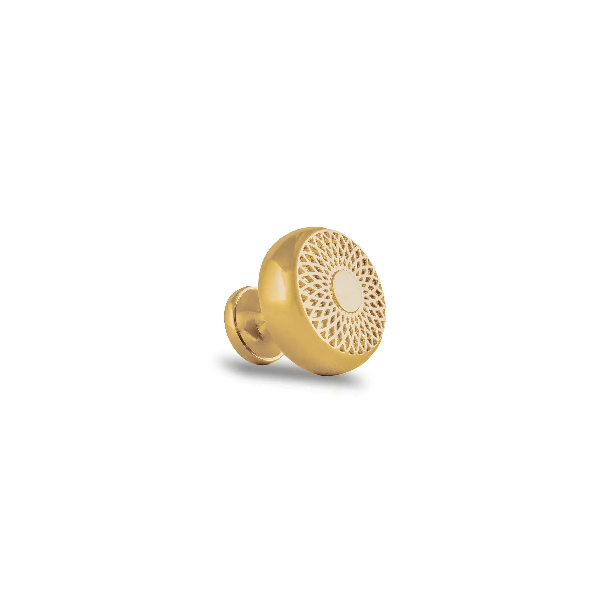The Mantara B-0032 Karna Knob is a modern polished brass knob in gold, ideal for main doors, kitchens, drawers, and wardrobes.