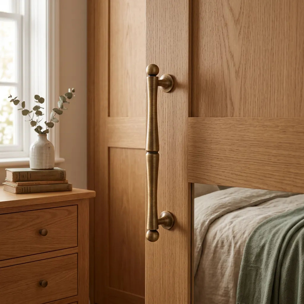A close-up of a bedroom interior showing a light oak wood wardrobe door with a long, vertical, antique brass pull handle. The door is slightly open, revealing a bed with neutral-toned bedding and a green throw blanket.