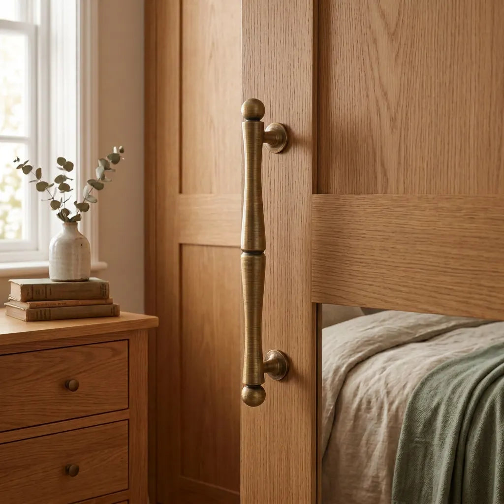 A close-up of a bedroom interior showing a light oak wood wardrobe door with a long, vertical, antique brass pull handle.