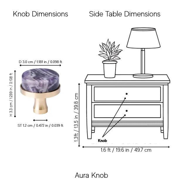 A dimension diagram showing the dimensions of a marble knob and a side table, with labels &