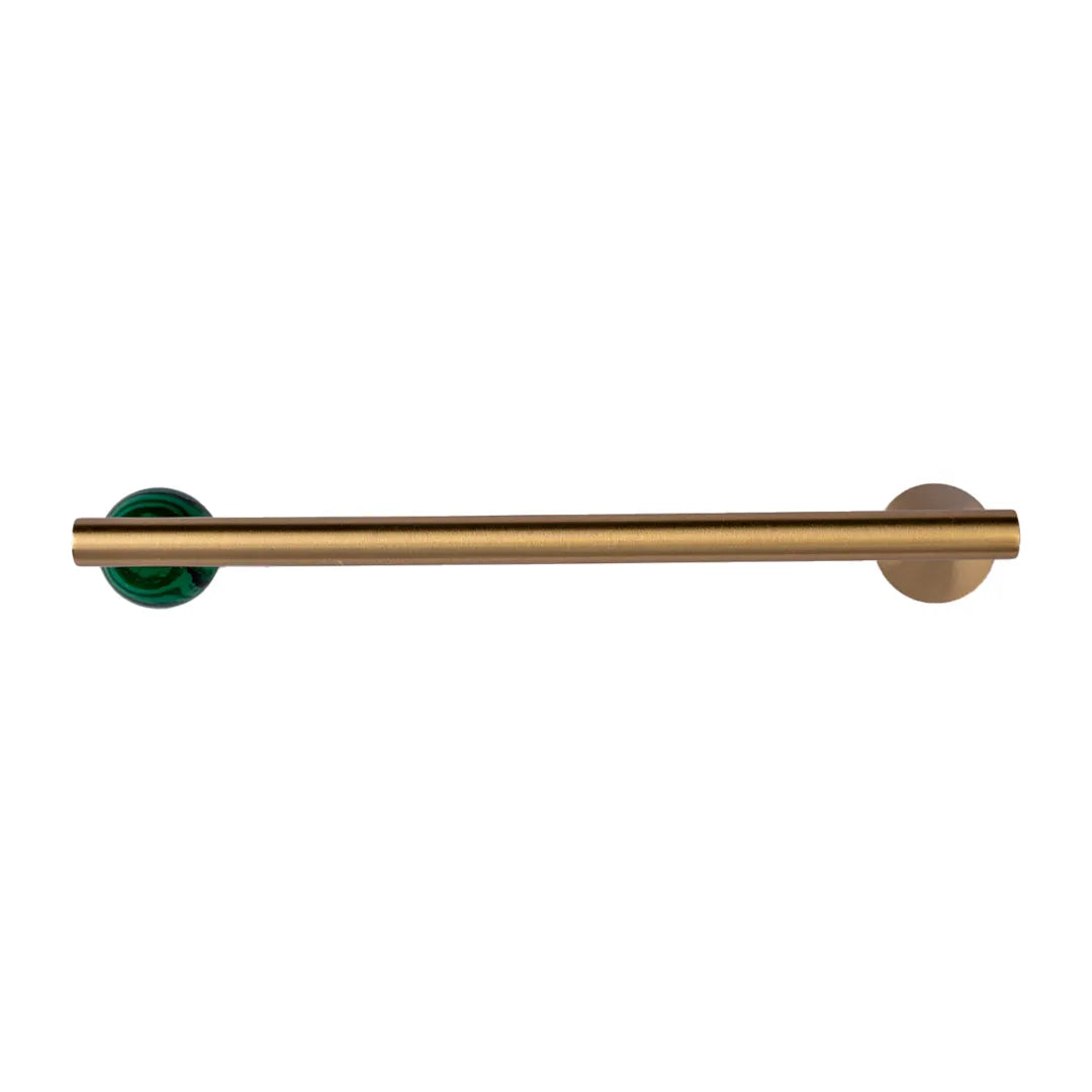 Brushed gold brass towel bar with green marbled accent and circular mounts on a white background.