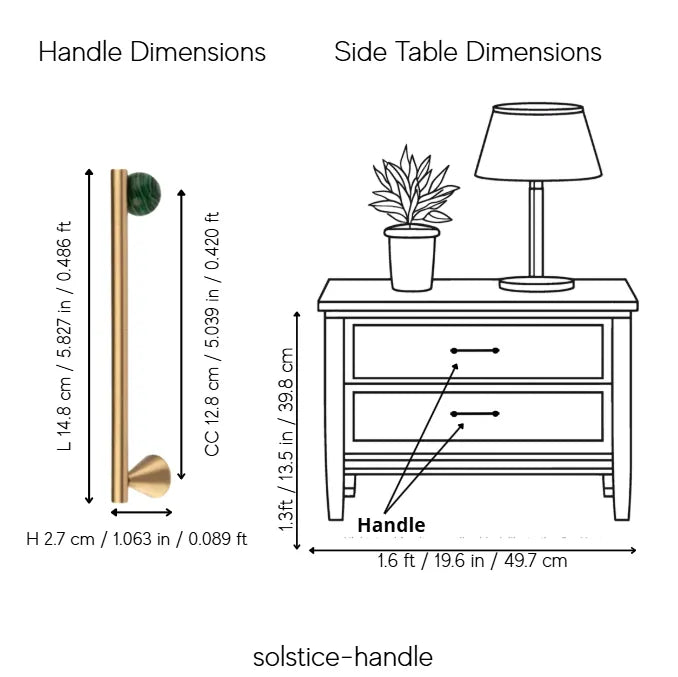 A dimension diagram showing the handle dimensions and side table dimensions for a solstice-handle brass drawer pull. The left side shows a line drawing of a brass handle with green and gold end caps, labeled with measurements.