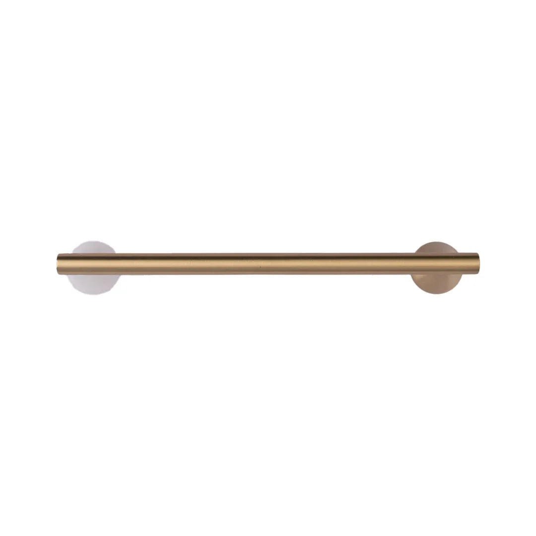 A horizontal brushed brass towel bar with circular wall mounts on both ends, shown against a plain white background.