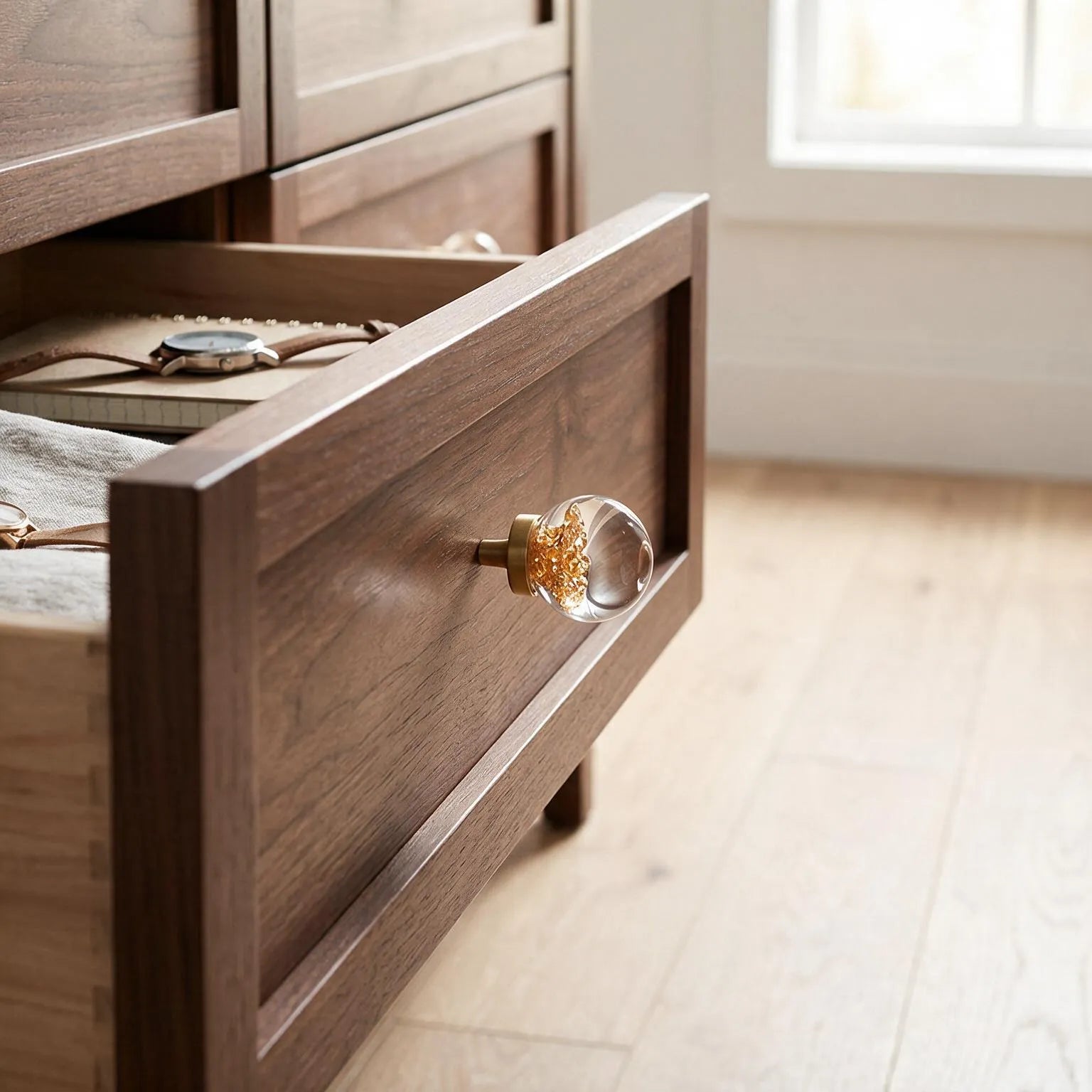 A close-up of a dark brown wooden drawer with one drawer pulled open, showing a round clear glass knob with a gold-toned center. Inside the drawer, a watch and folded fabric are partially visible, set against a softly blurred light wood floor and white wall near a window.