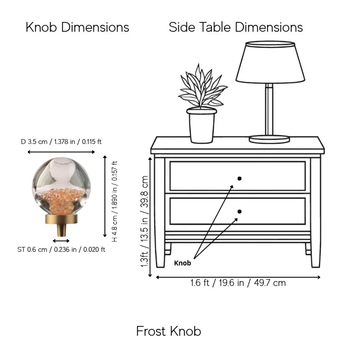 A black-and-white dimension diagram showing a side table with a lamp and plant, plus a separate inset of a frosted knob with labeled measurements for knob and side table dimensions.
