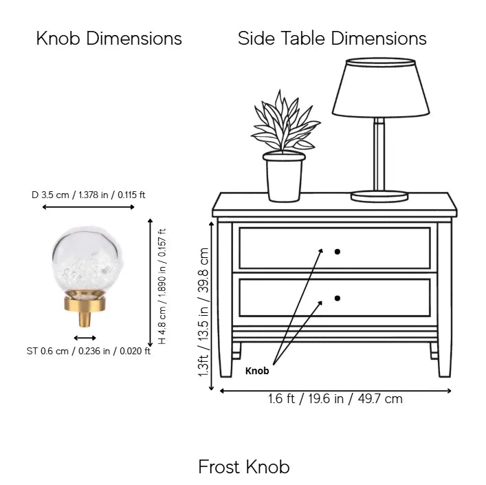 A dimension diagram showing a frosted glass knob and a side table. The left side is labeled &