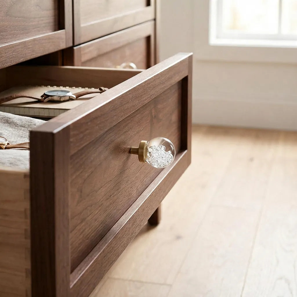 A close-up of a dark brown wooden dresser drawer with a round clear glass knob filled with white glitter, shown in a real room setting with a light wood floor and window in the background.