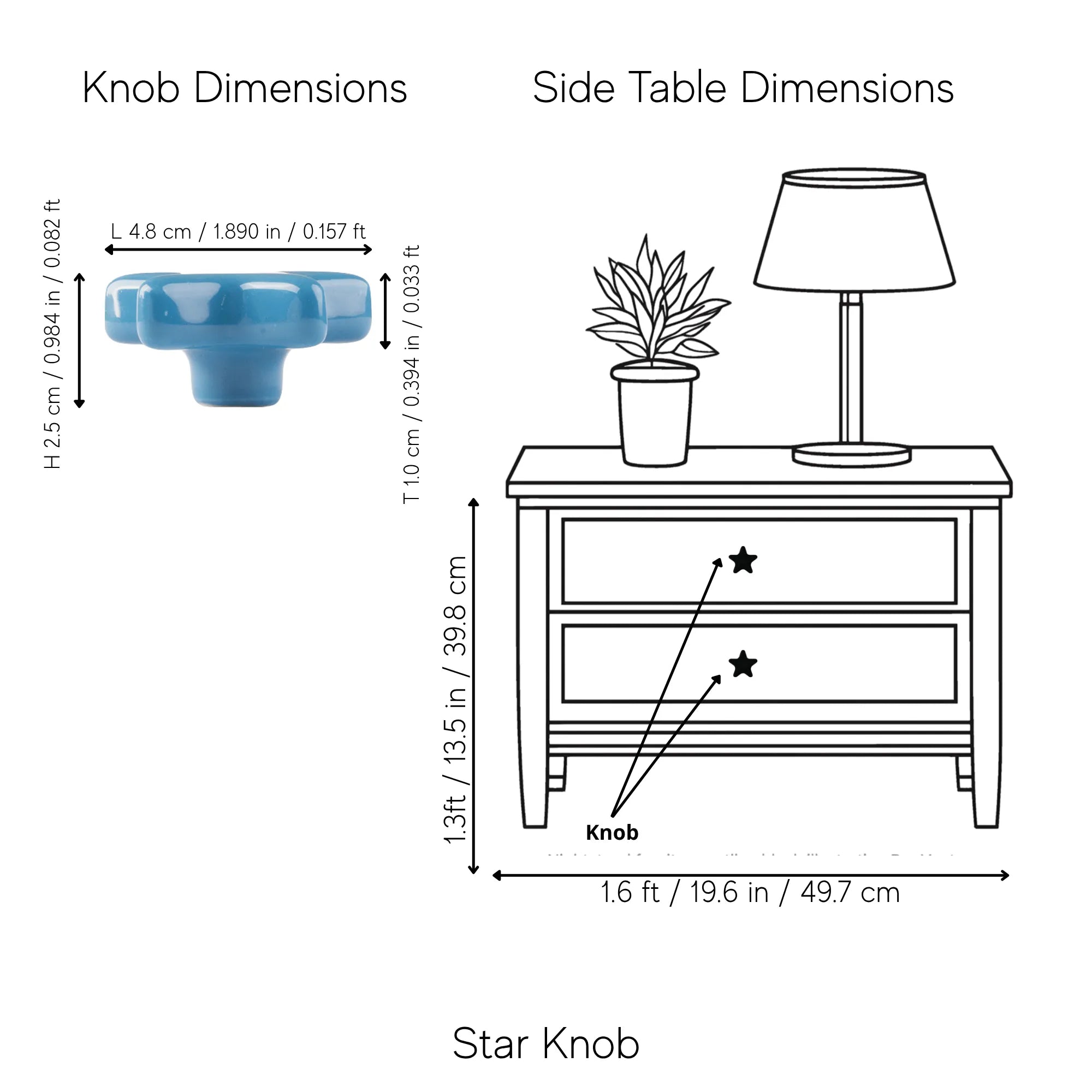 A dimension diagram showing a blue star-shaped knob with labeled measurements and a side table illustration with labeled dimensions, captioned &