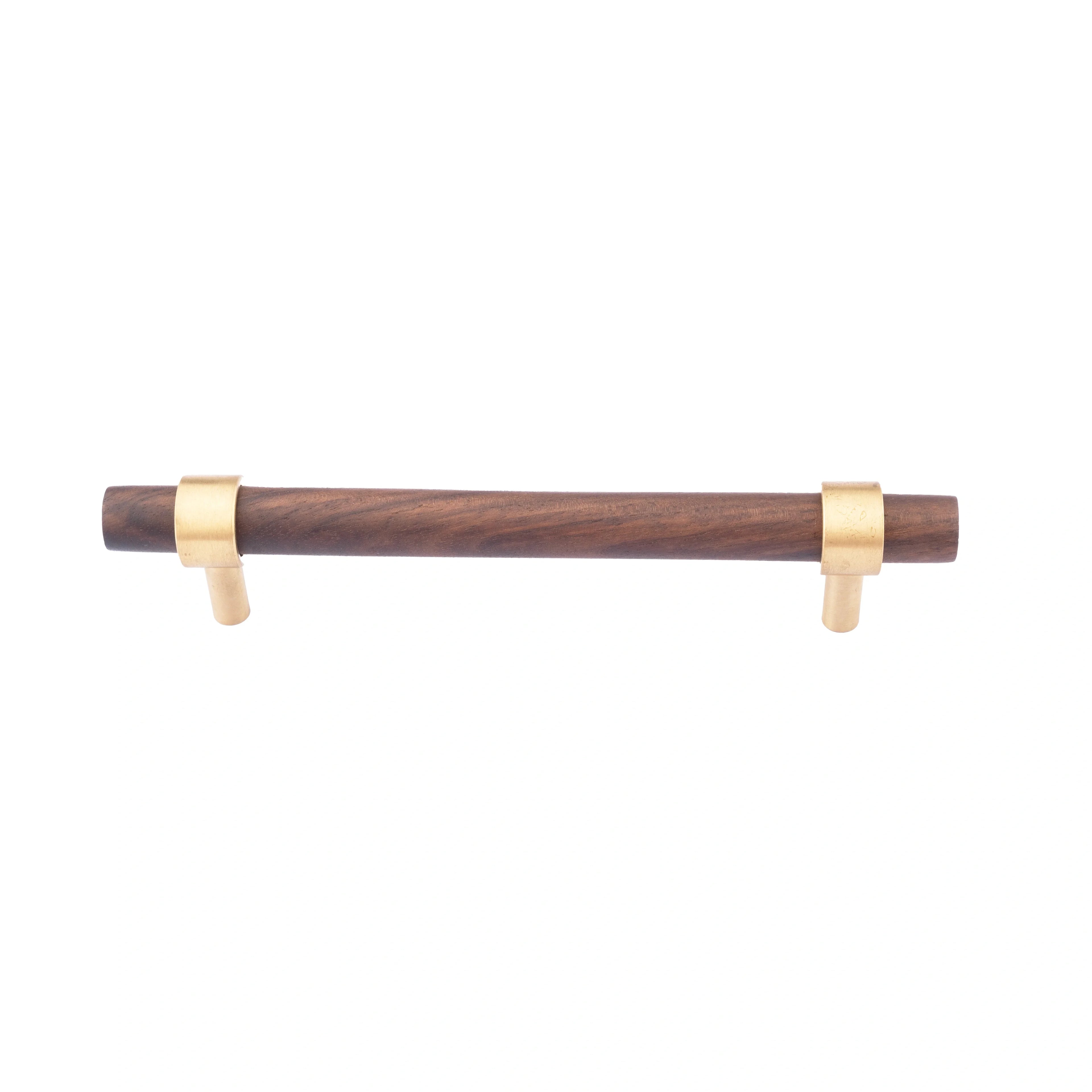 Mantara Holt Handle W-0010 is a modern walnut wood & brass handle in dark brown with brushed finish, ideal for wardrobes & drawers.