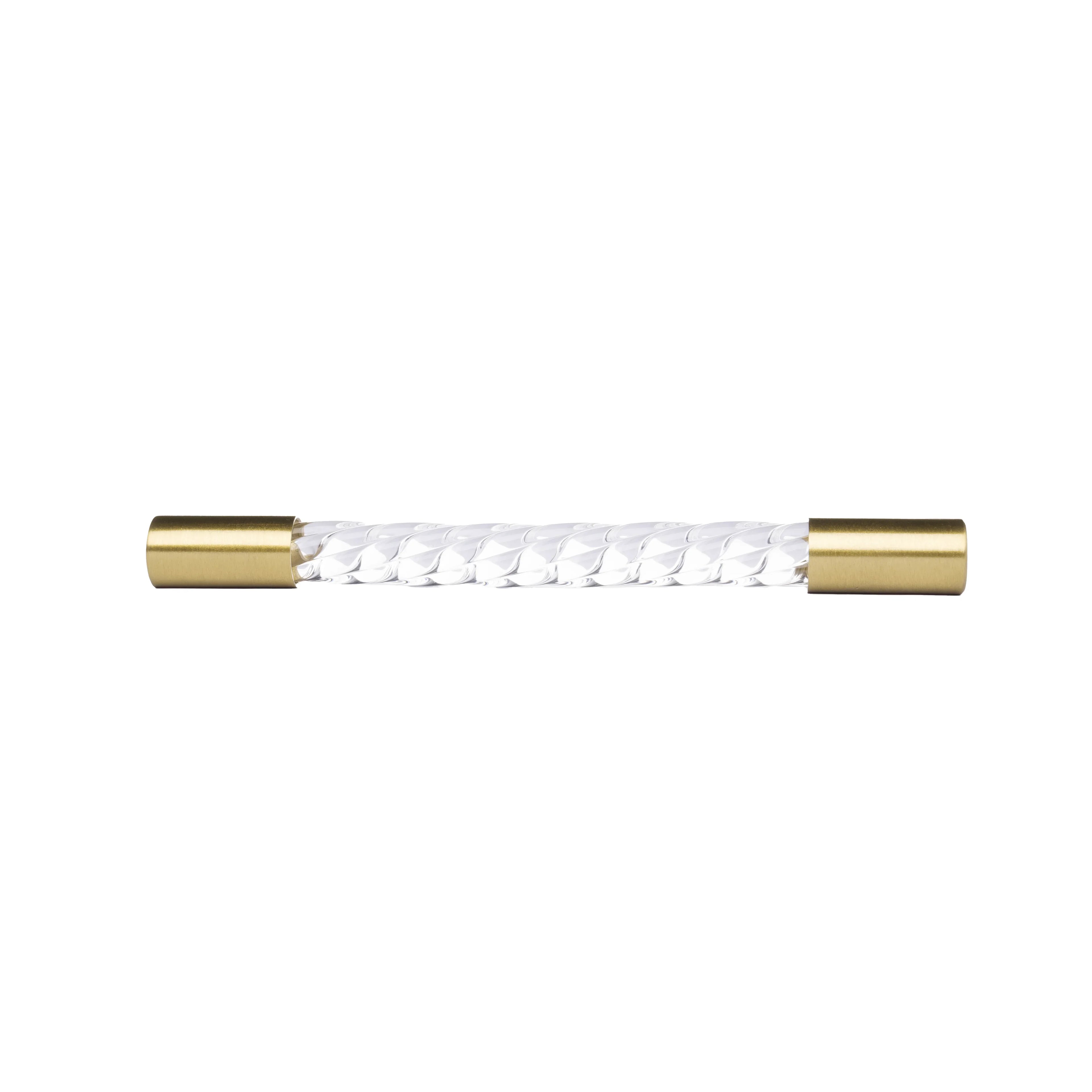 A luxury wardrobe pull handle, Helix designed in white acrylic with polished brass and brushed stem, model A-0012 by Mantara, SKU A-0012