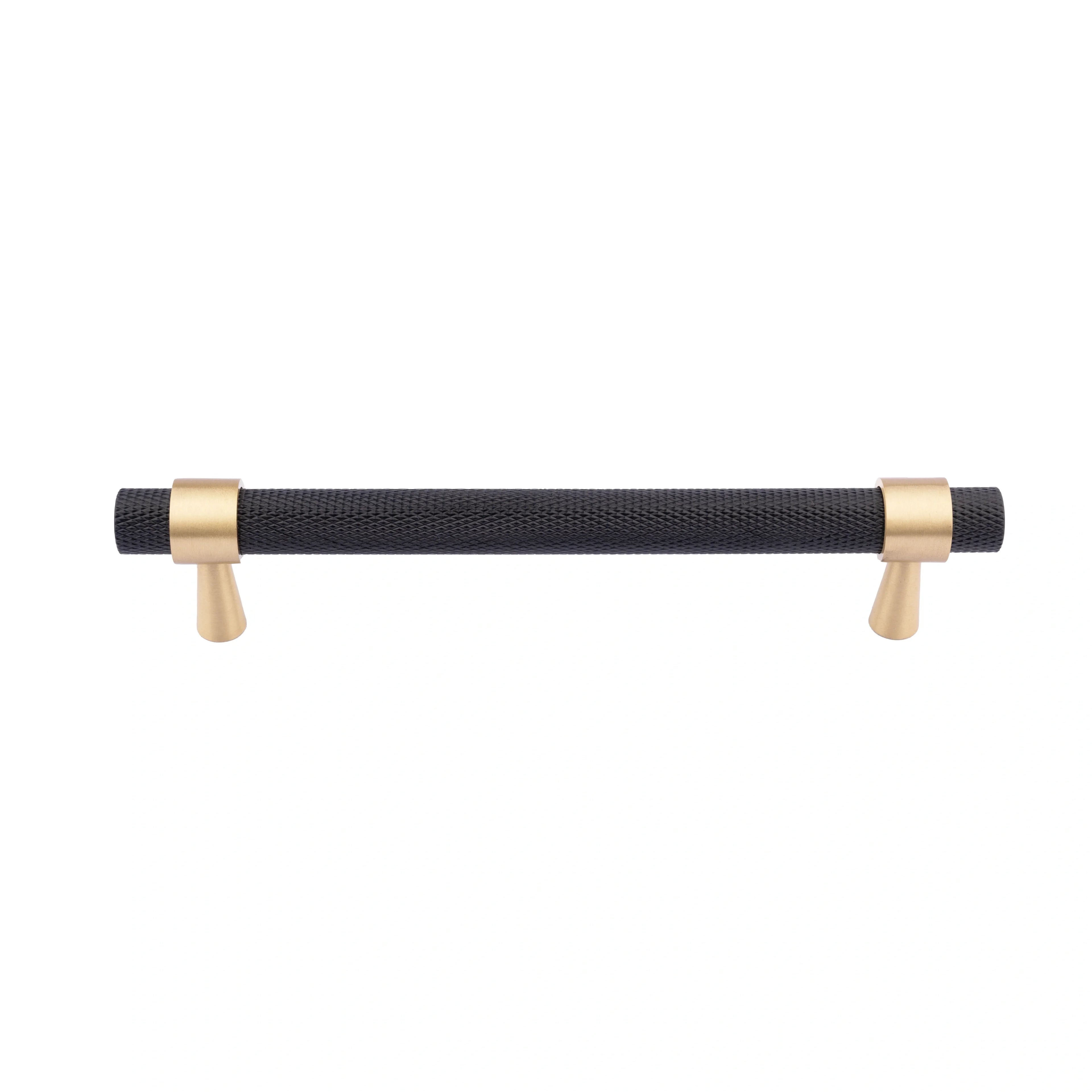 Mantara Cleo T Bar Handle B-0064 is a modern knurled brushed brass handle in black ,ideal for wardrobes and cabinets.