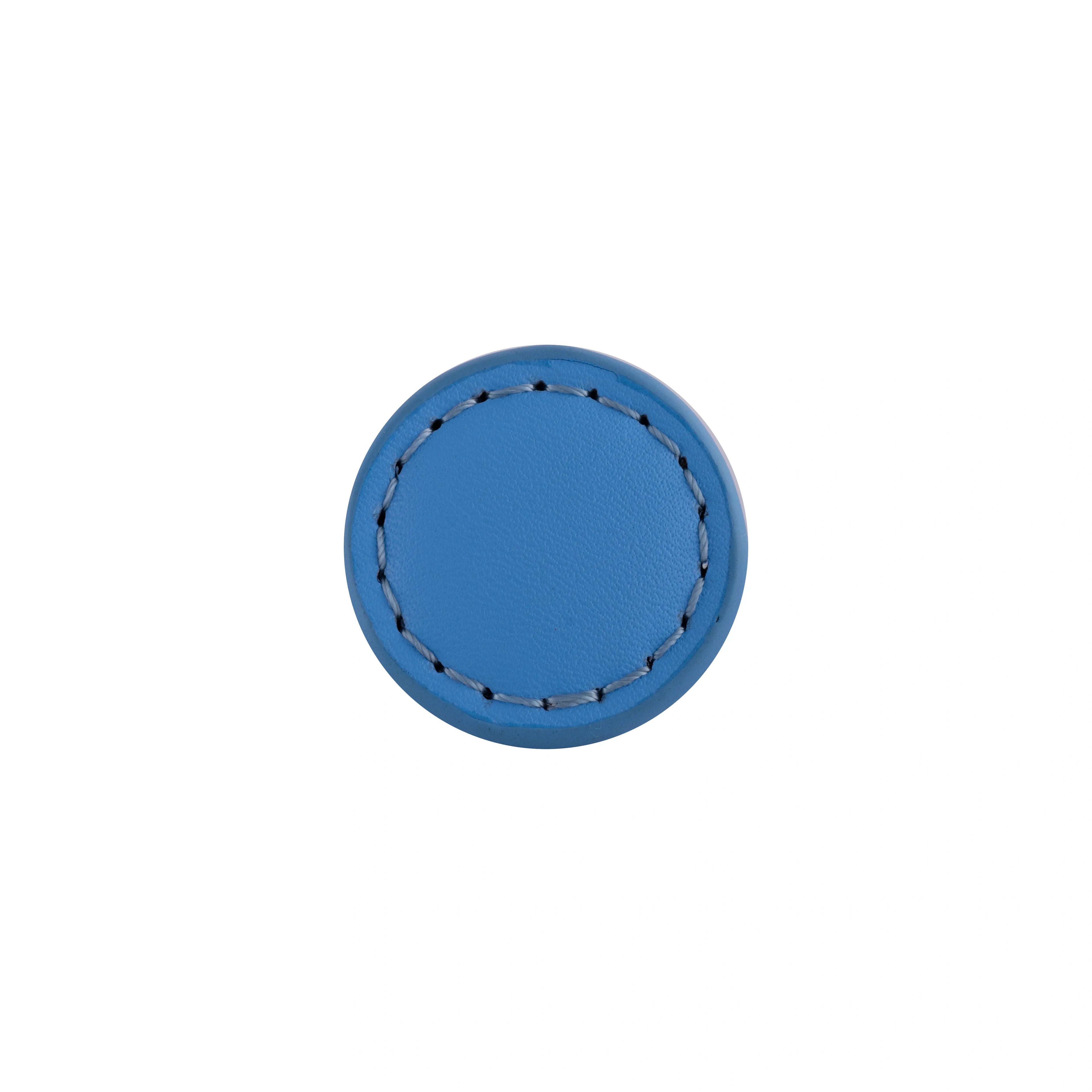 The Mantara L-0008 Sofia Round Knob is a modern leather knob in Blue, ideal for cabinets and wardrobes.