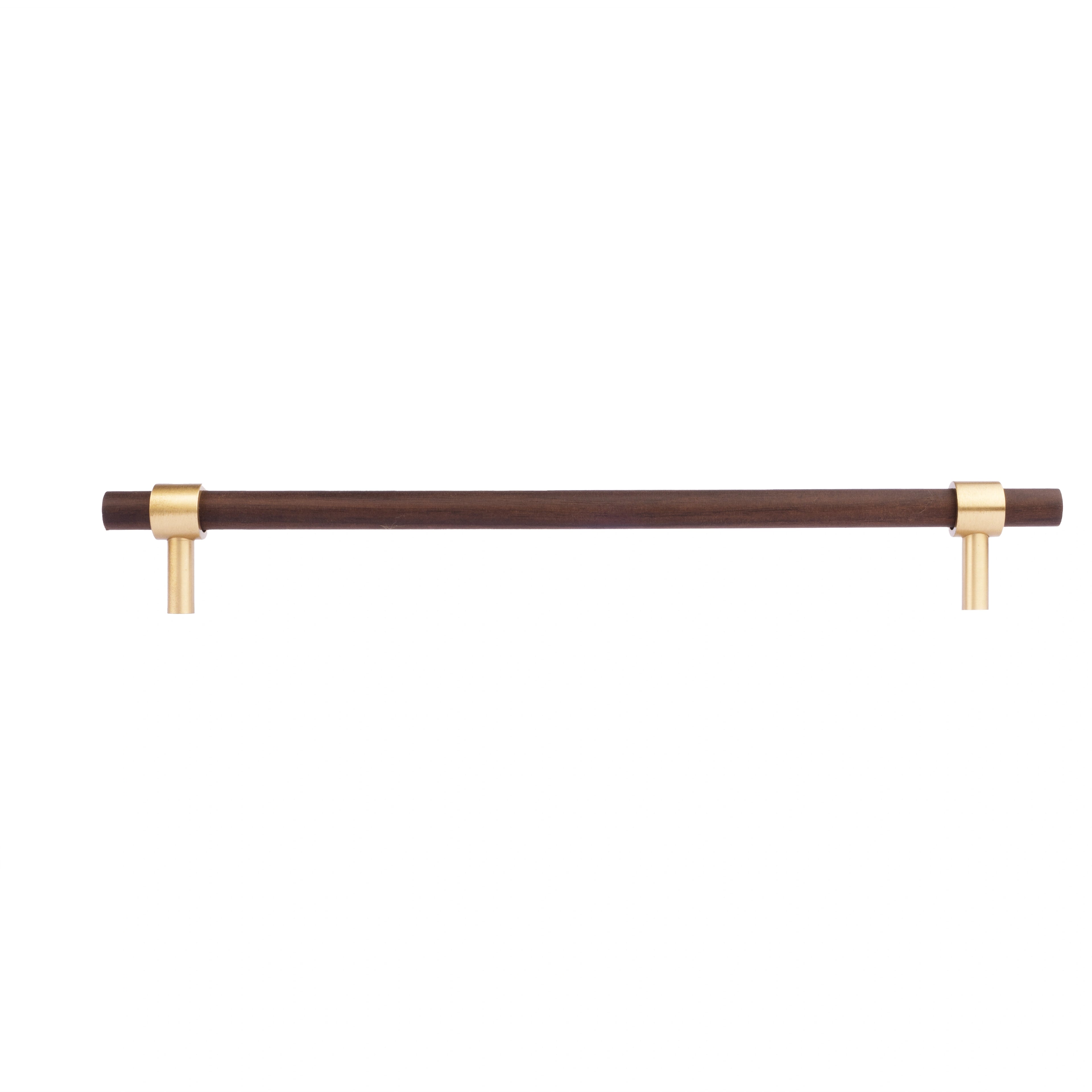 Holt Handle W-0010 in walnut & brushed brass, sizes 60–370mm, suits furniture, drawers & wardrobes—by Mantara.